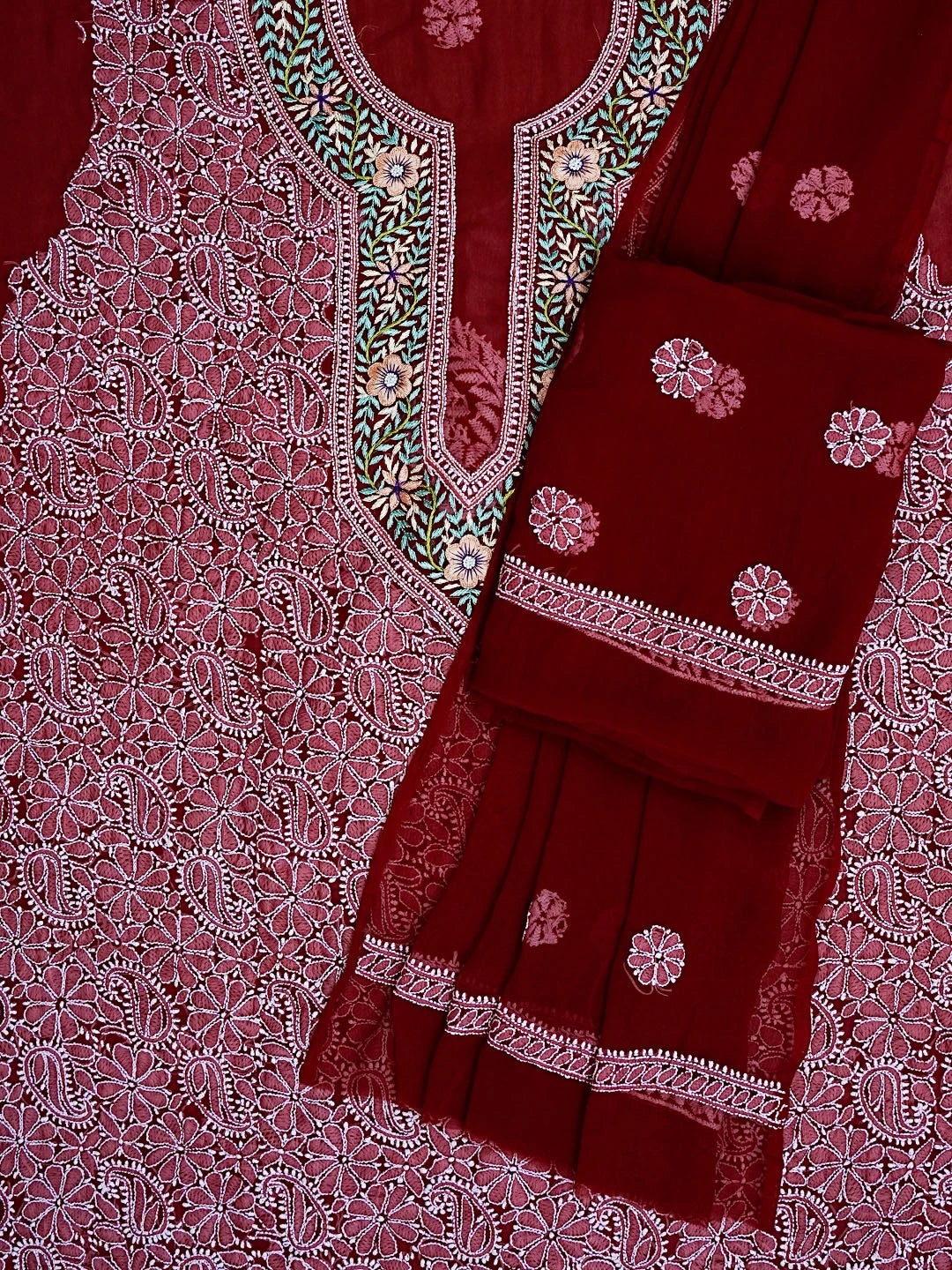 Ada Hand Embroidered Maroon Faux Georgette Lucknowi Chikankari Unstitched Suit Piece A211304