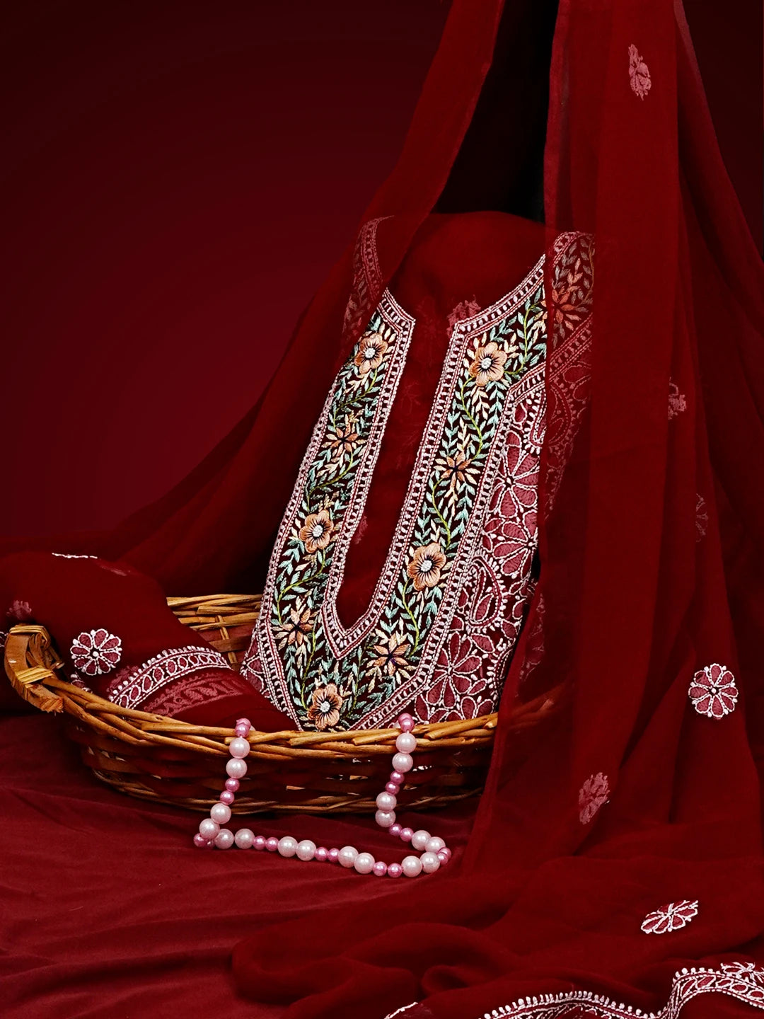 Ada Hand Embroidered Maroon Faux Georgette Lucknowi Chikankari Unstitched Suit Piece A211304