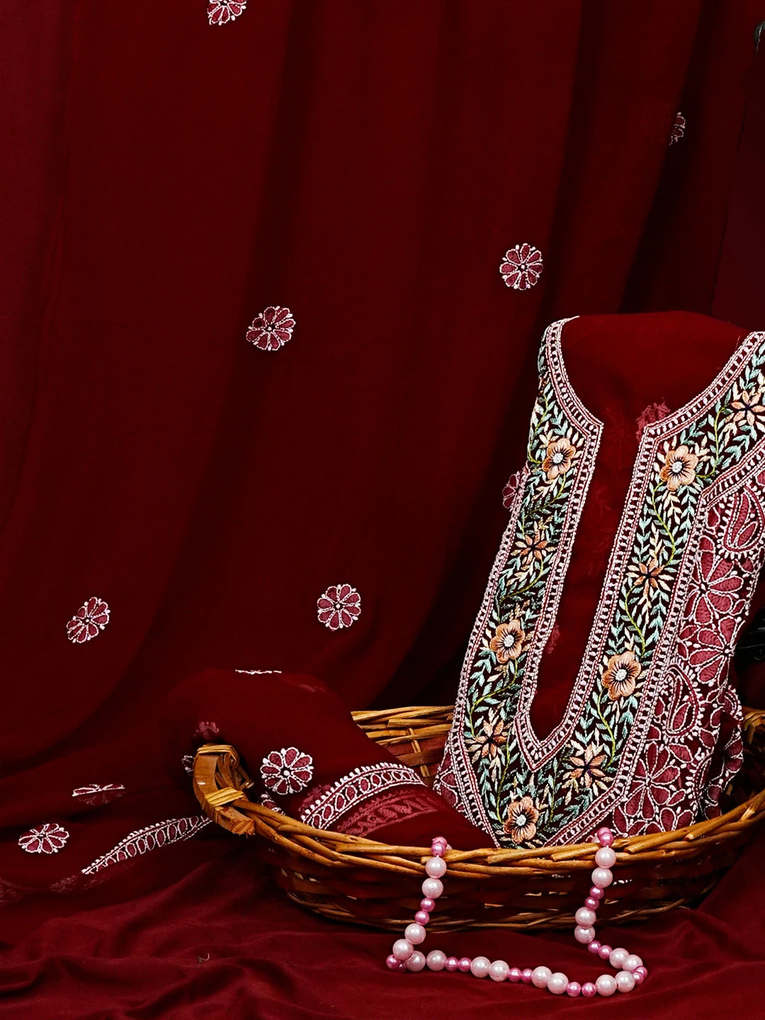 Ada Hand Embroidered Maroon Faux Georgette Lucknowi Chikankari Unstitched Suit Piece A211304