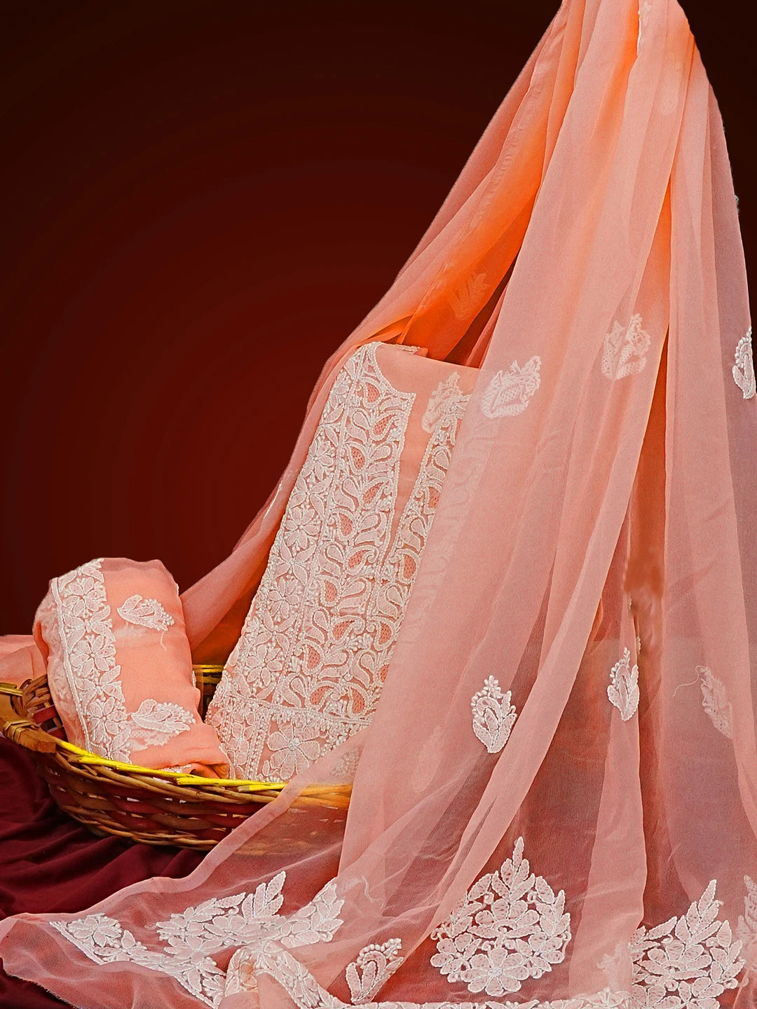 Ada Hand Embroidered Peach Faux Georgette Lucknowi Chikankari Unstitched Suit Piece 01A545493