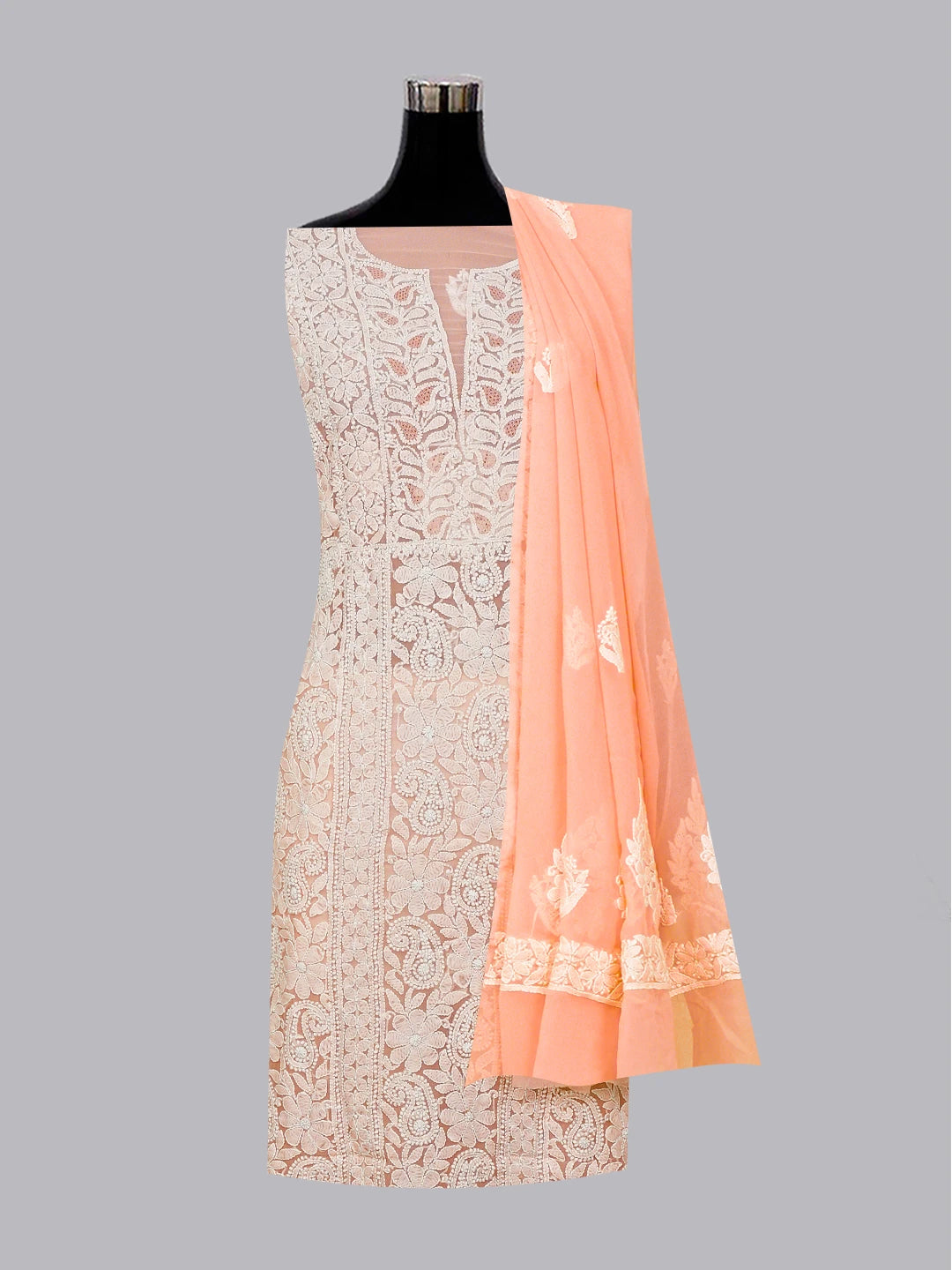 Ada Hand Embroidered Peach Faux Georgette Lucknowi Chikankari Unstitched Suit Piece 01A545493