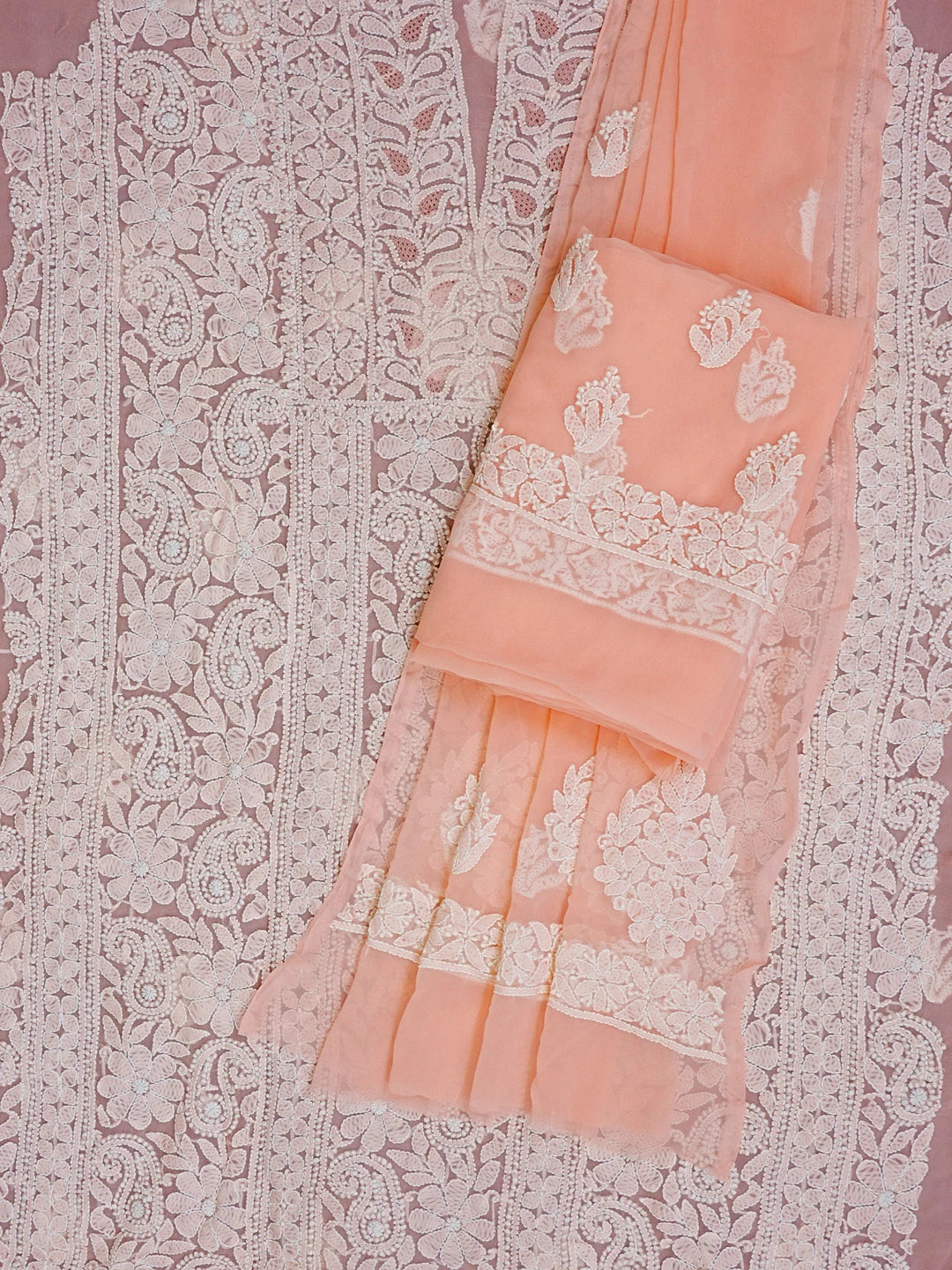 Ada Hand Embroidered Peach Faux Georgette Lucknowi Chikankari Unstitched Suit Piece 01A545493