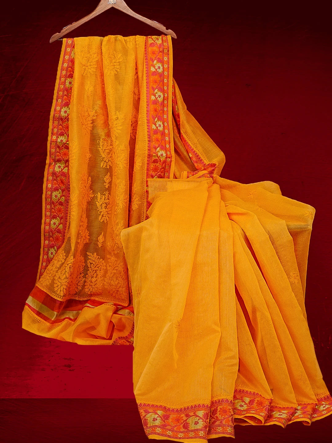 Ada Hand Embroidered Mustard Kota Chanderi Lucknowi Chikankari Saree and Blouse 01A543161