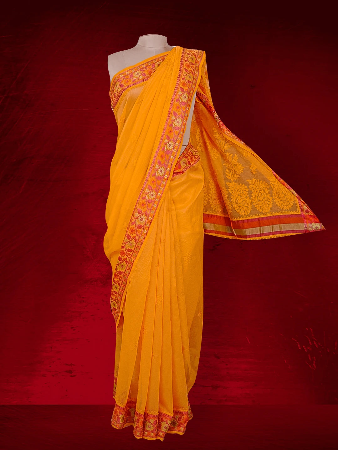 Ada Hand Embroidered Mustard Kota Chanderi Lucknowi Chikankari Saree and Blouse 01A543161
