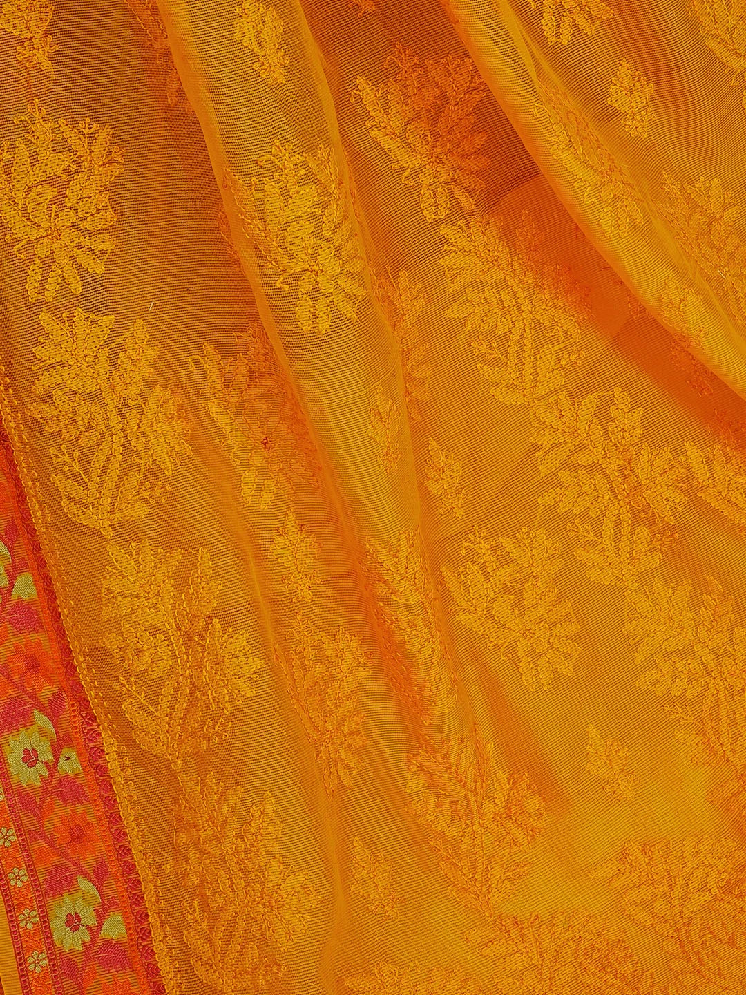 Ada Hand Embroidered Mustard Kota Chanderi Lucknowi Chikankari Saree and Blouse 01A543161