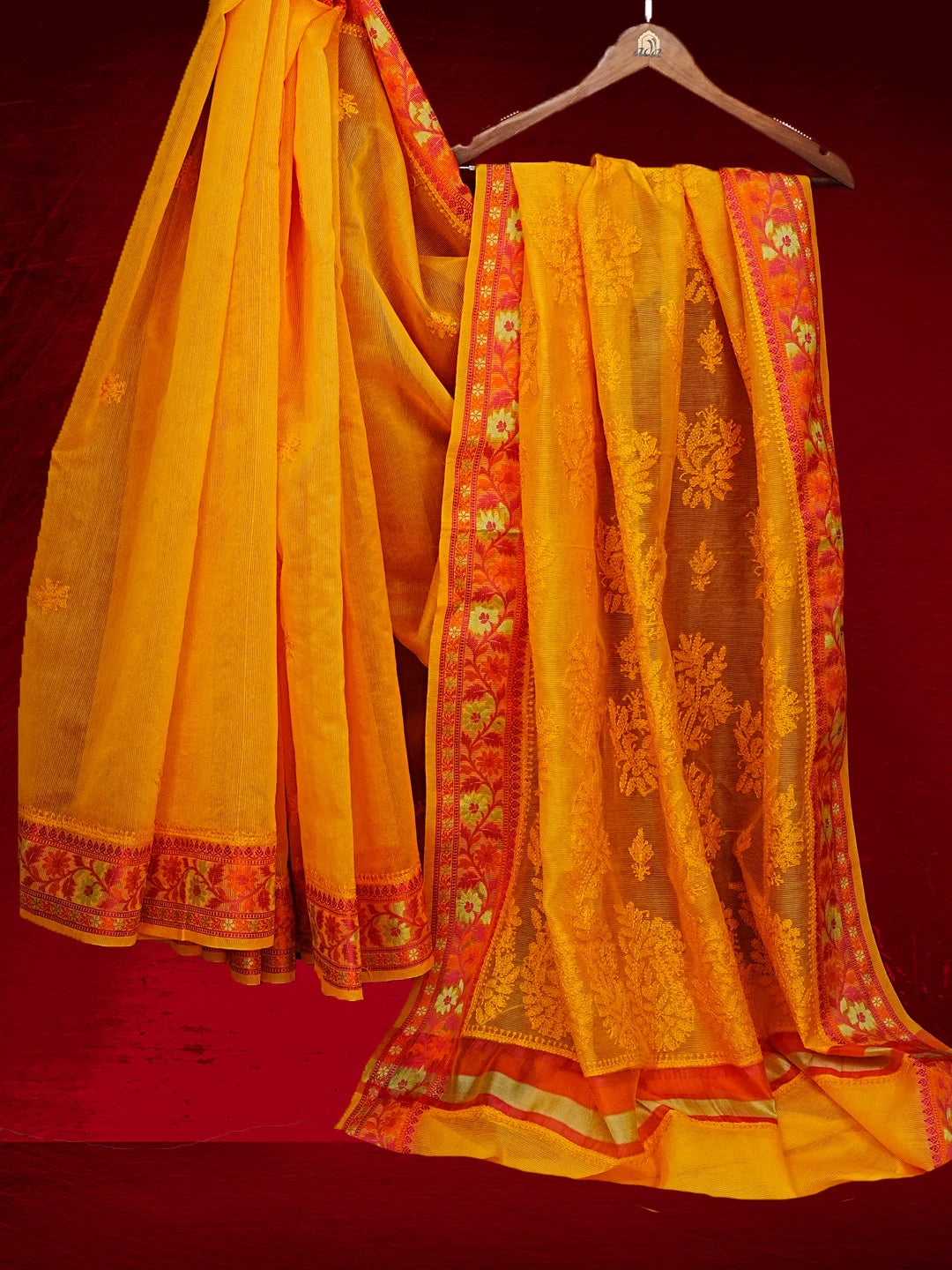 Ada Hand Embroidered Mustard Kota Chanderi Lucknowi Chikankari Saree and Blouse 01A543161