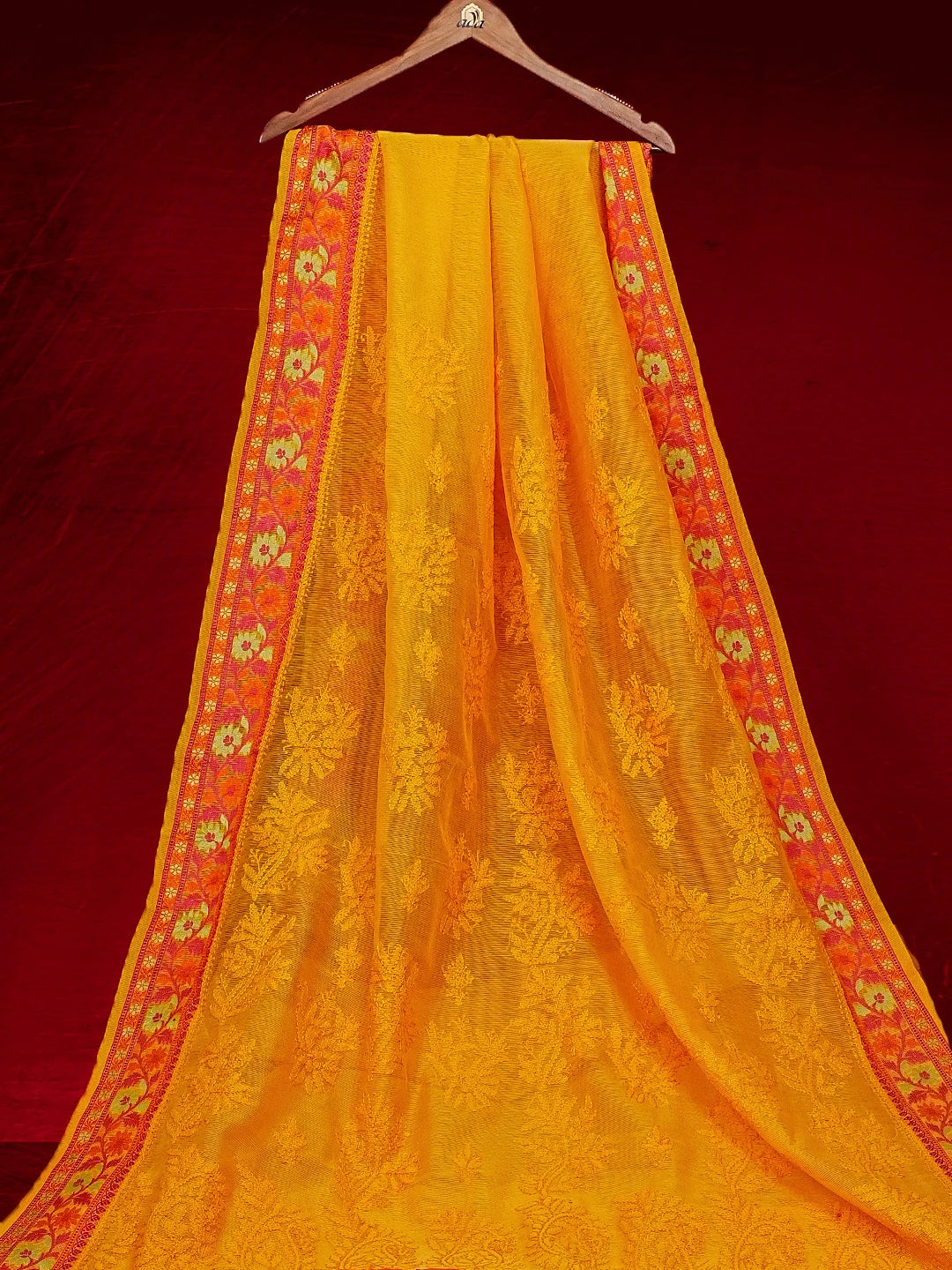 Ada Hand Embroidered Mustard Kota Chanderi Lucknowi Chikankari Saree and Blouse 01A543161