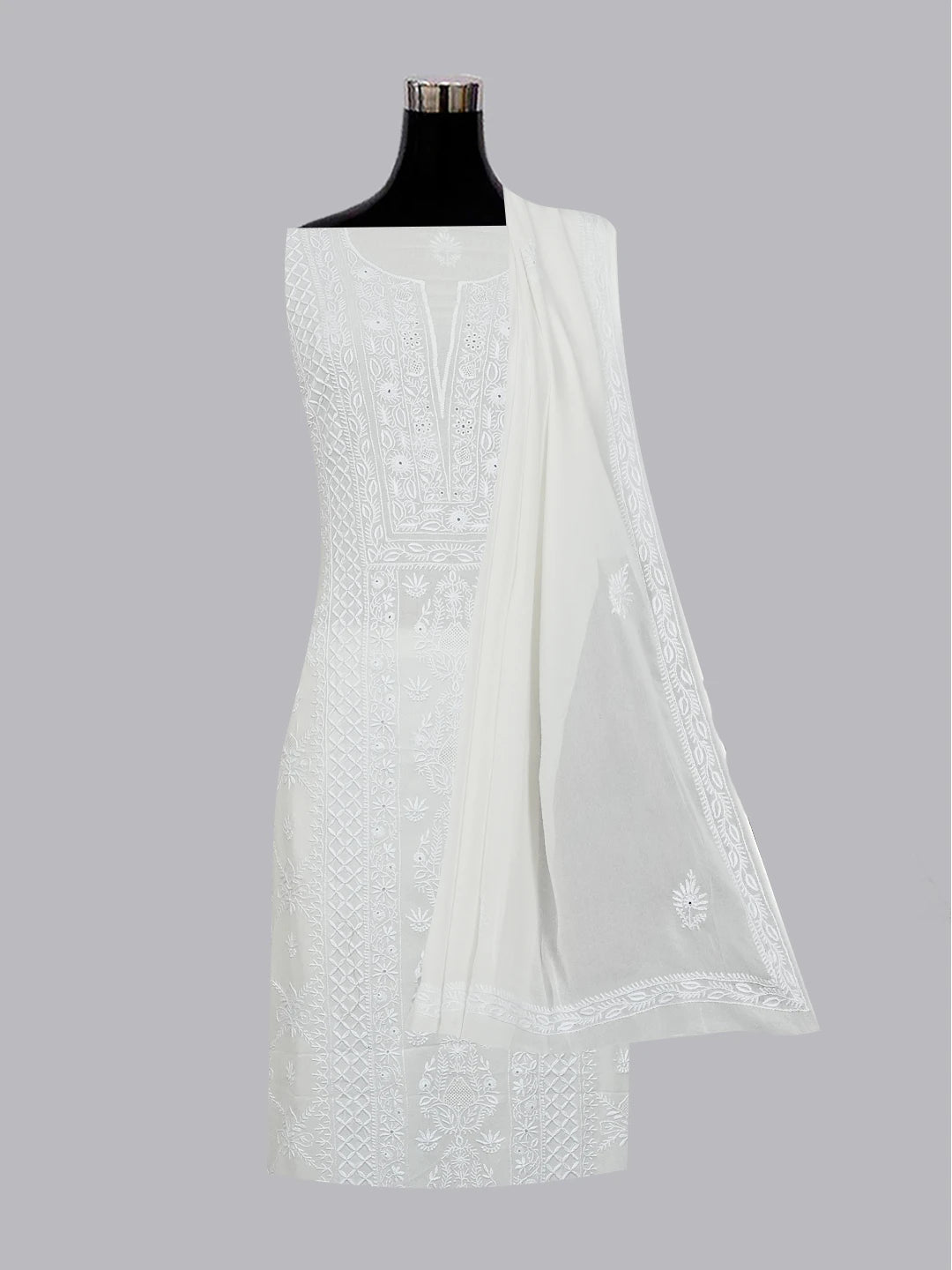 Ada Hand Embroidered White Pure Georgette Lucknowi Chikankari Unstitched Kurta Dupatta Set 01A545450