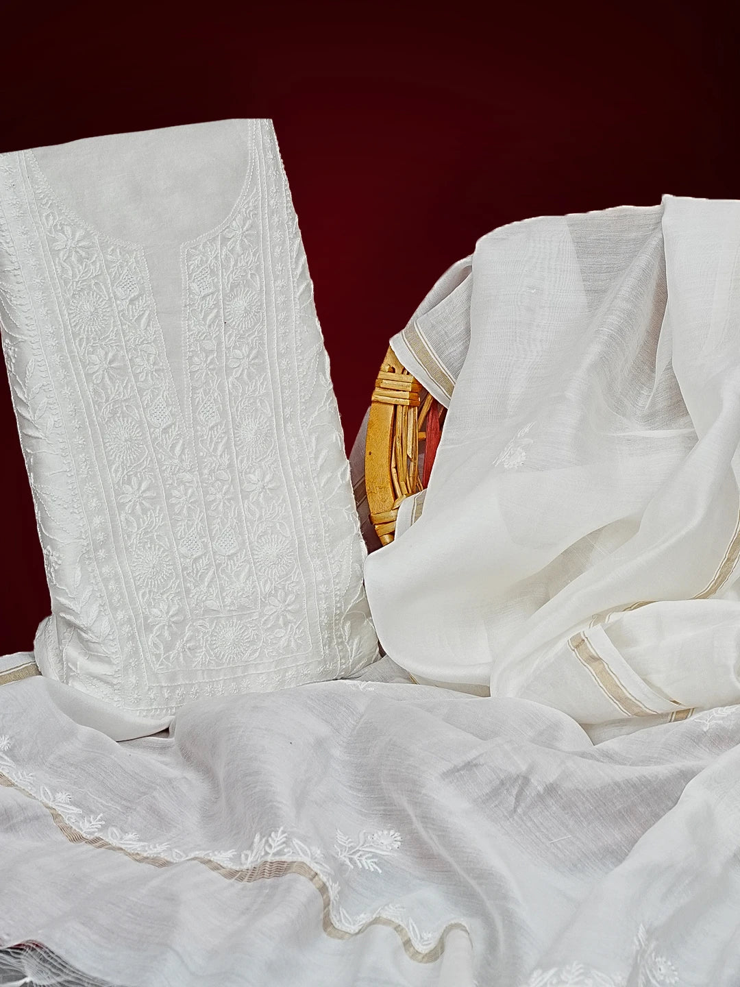 Ada Hand Embroidered White Pure Georgette Lucknowi Chikankari Unstitched Kurta Dupatta Set 01A545450