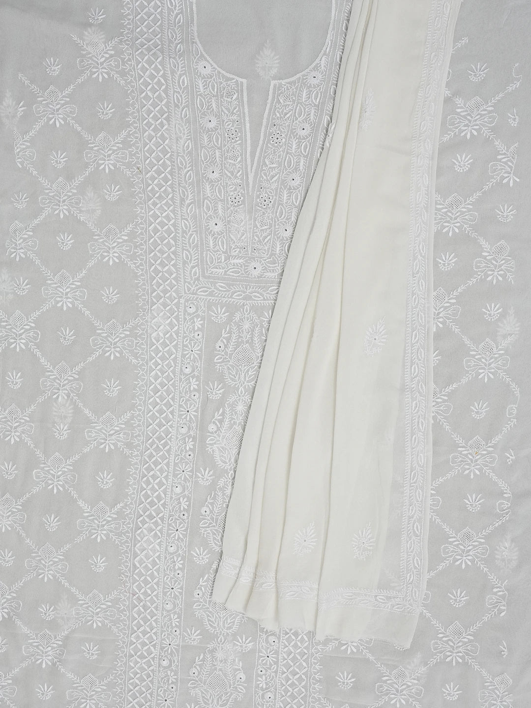 Ada Hand Embroidered White Pure Georgette Lucknowi Chikankari Unstitched Kurta Dupatta Set 01A545450