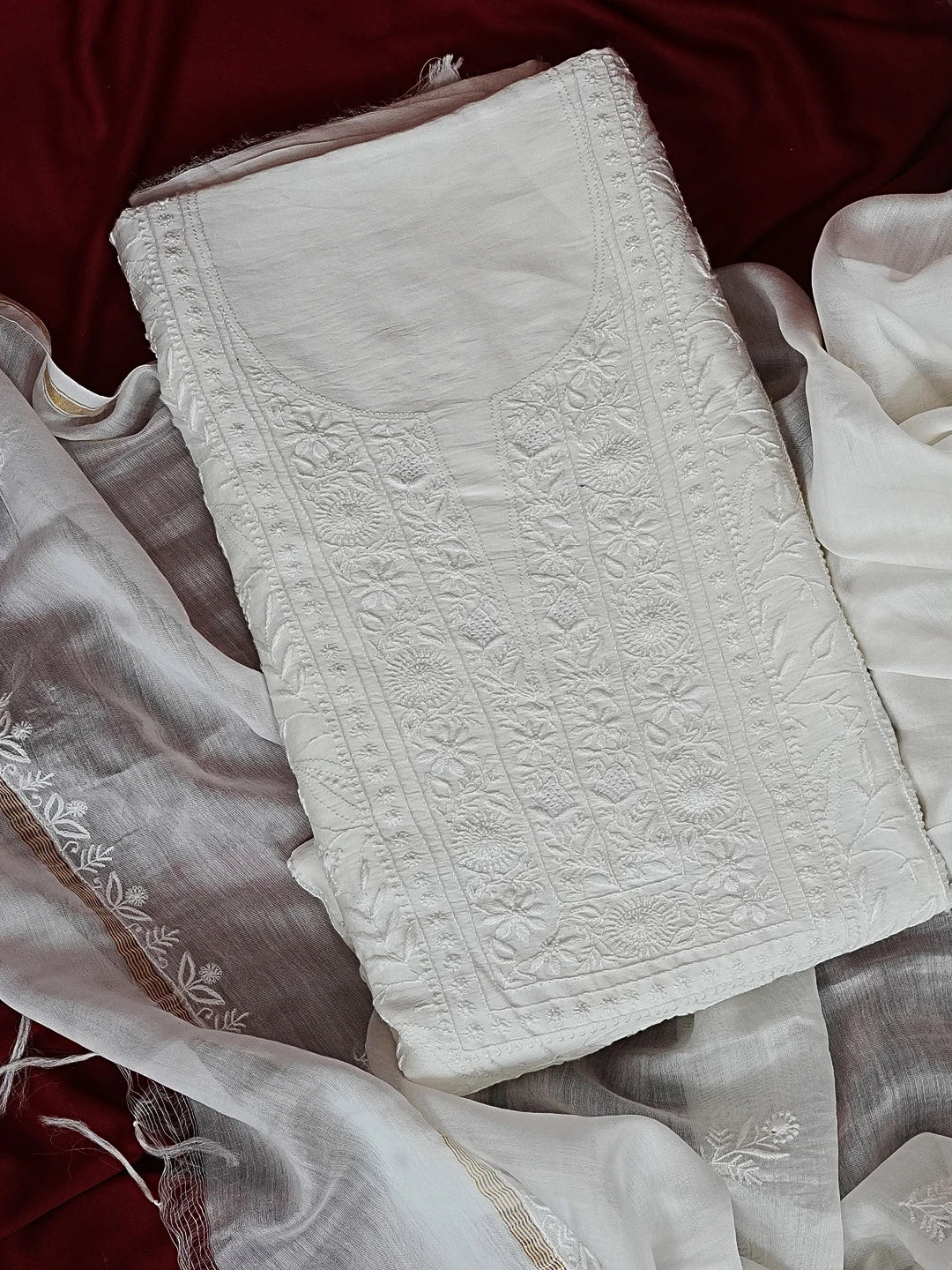 Ada Hand Embroidered White Pure Georgette Lucknowi Chikankari Unstitched Kurta Dupatta Set 01A545450