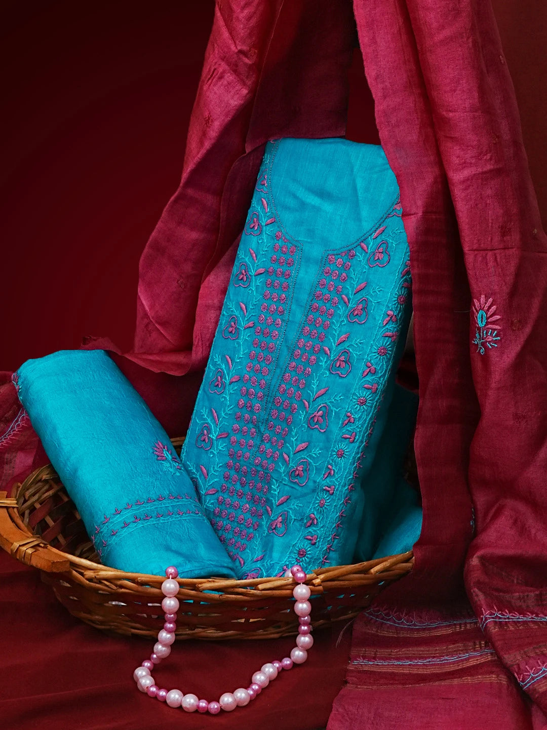 Ada Hand Embroidered Cerulean Blue Silk Lucknowi Chikankari Unstitched Suit Piece With Muqaish Work 01A338936