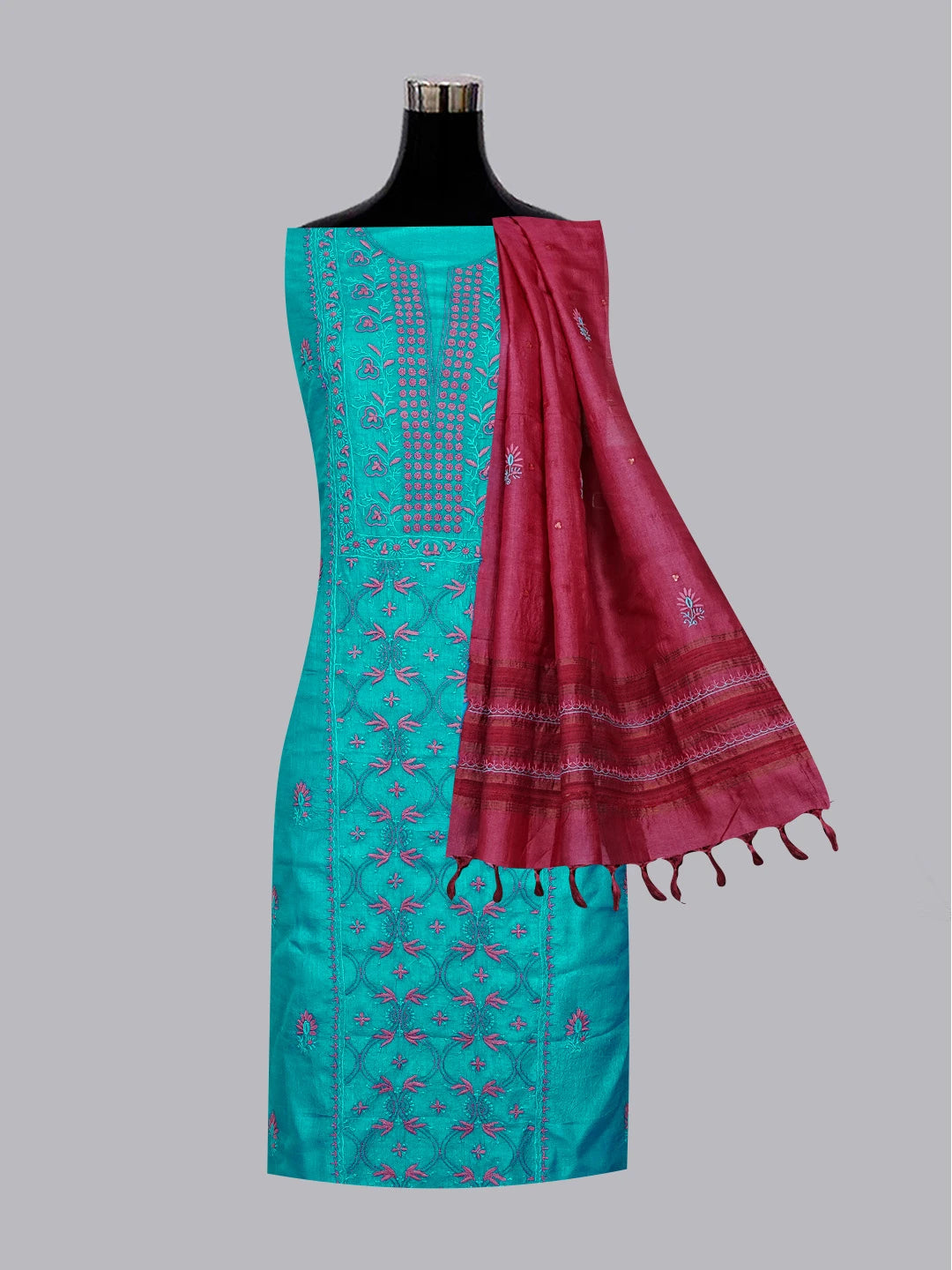 Ada Hand Embroidered Cerulean Blue Silk Lucknowi Chikankari Unstitched Suit Piece With Muqaish Work 01A338936