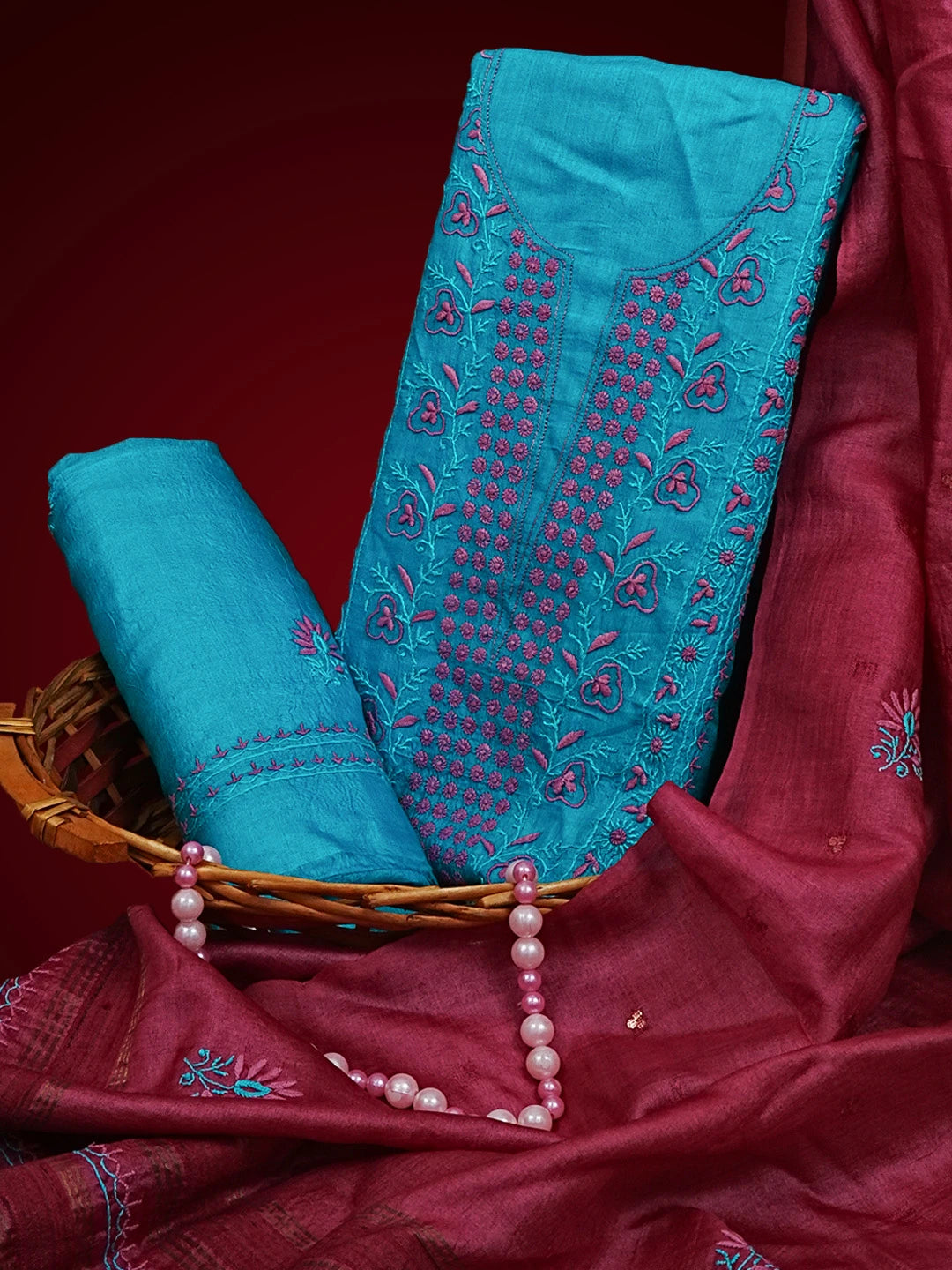 Ada Hand Embroidered Cerulean Blue Silk Lucknowi Chikankari Unstitched Suit Piece With Muqaish Work 01A338936