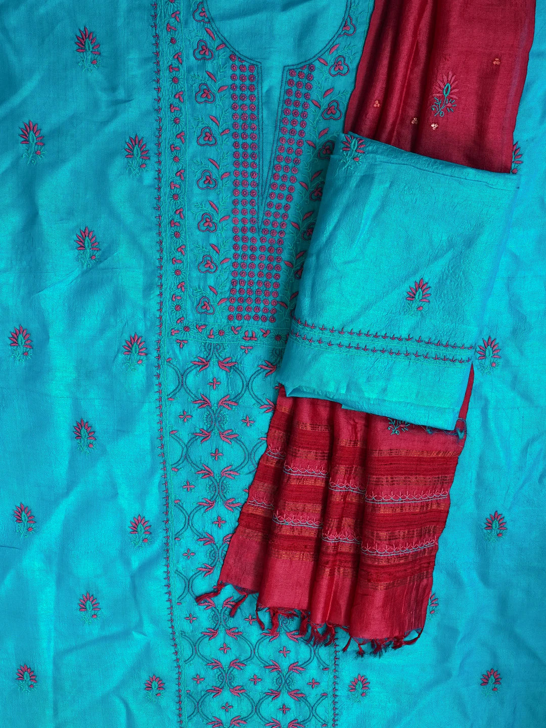 Ada Hand Embroidered Cerulean Blue Silk Lucknowi Chikankari Unstitched Suit Piece With Muqaish Work 01A338936