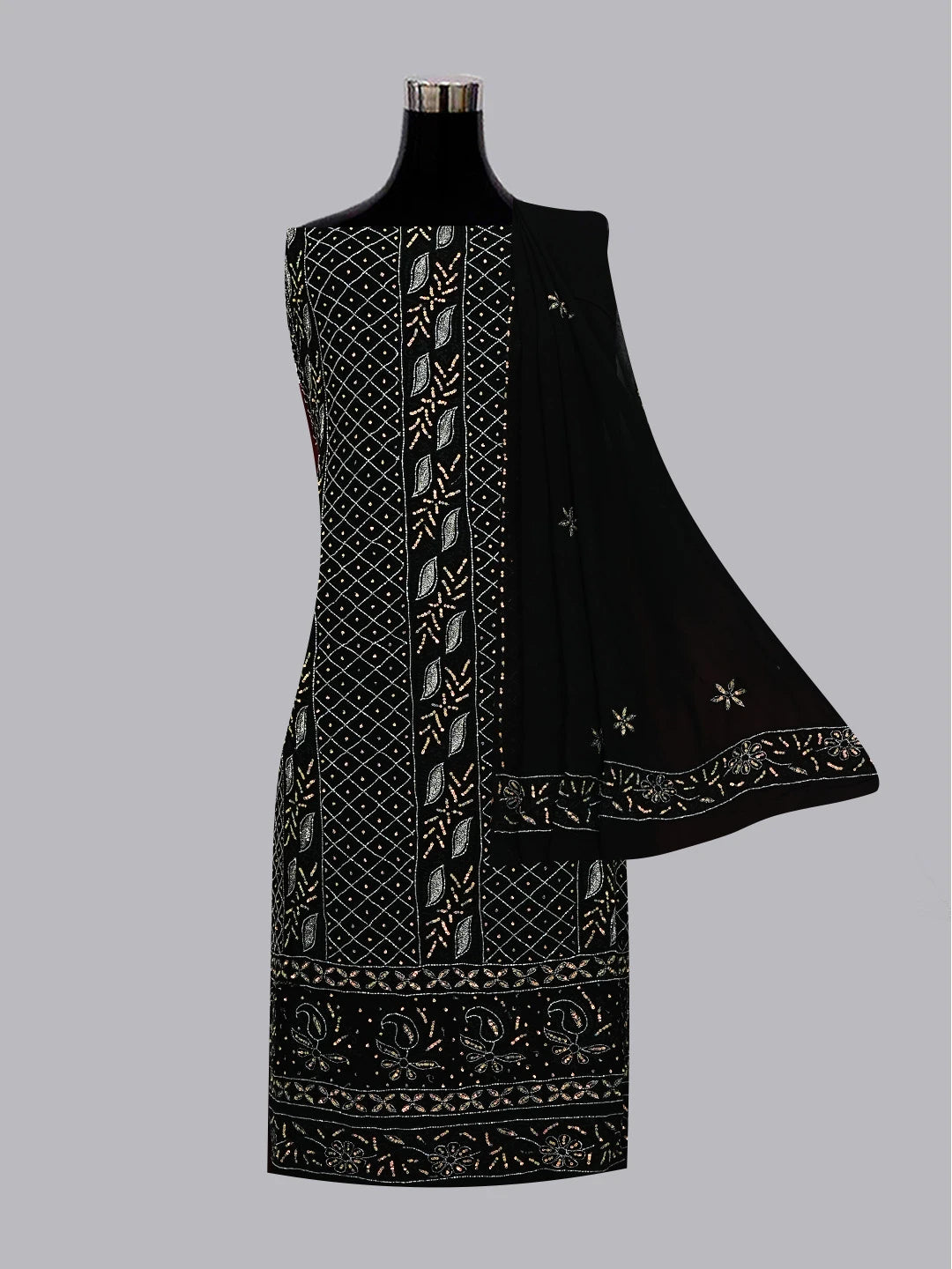 Ada Hand Embroidered Black Viscose Georgette Lucknowi Chikankari Unstitched Kurta Dupatta Set With Sequinned Work 01A384824