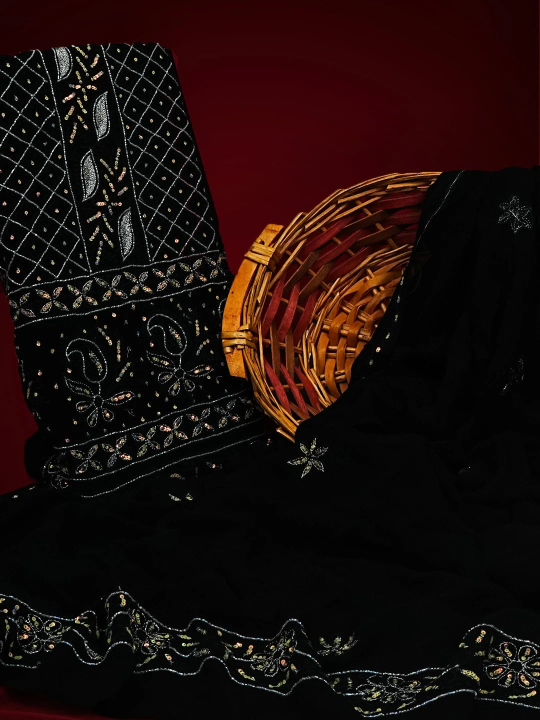 Ada Hand Embroidered Black Viscose Georgette Lucknowi Chikankari Unstitched Kurta Dupatta Set With Sequinned Work 01A384824