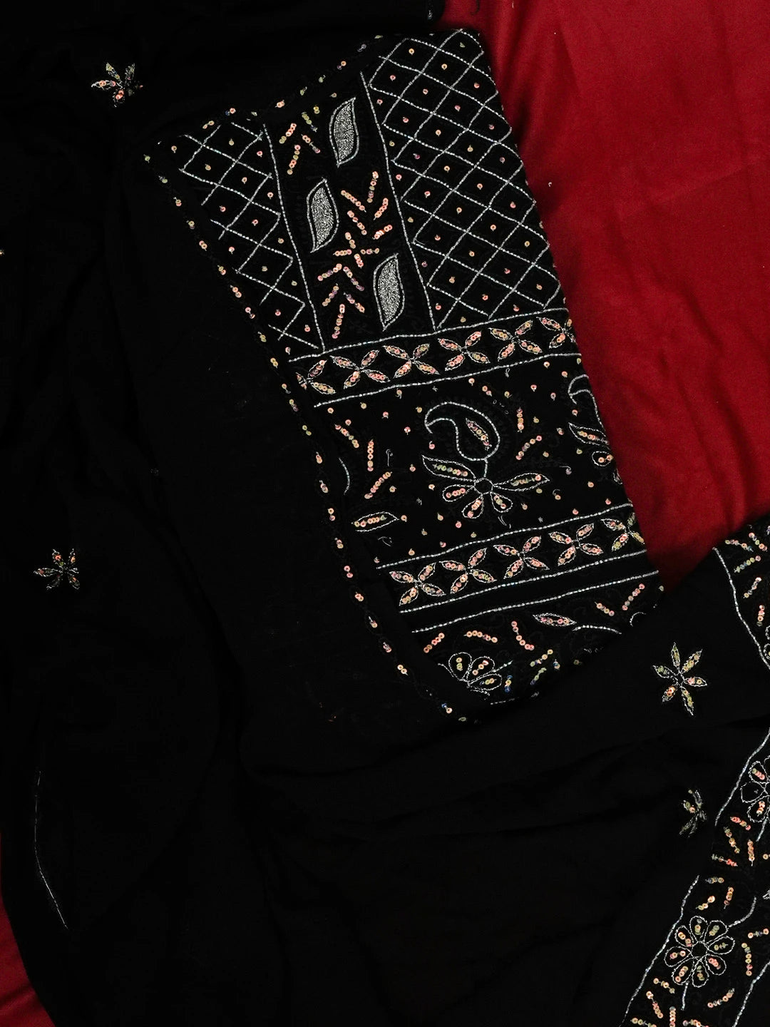 Ada Hand Embroidered Black Viscose Georgette Lucknowi Chikankari Unstitched Kurta Dupatta Set With Sequinned Work 01A384824