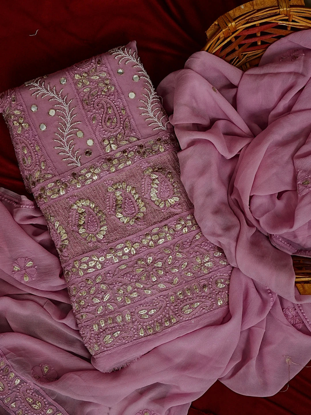 Ada Hand Embroidered Mauve Viscose Georgette Lucknowi Chikankari Unstitched Kurta Dupatta Set With Pearl Work 01A527043