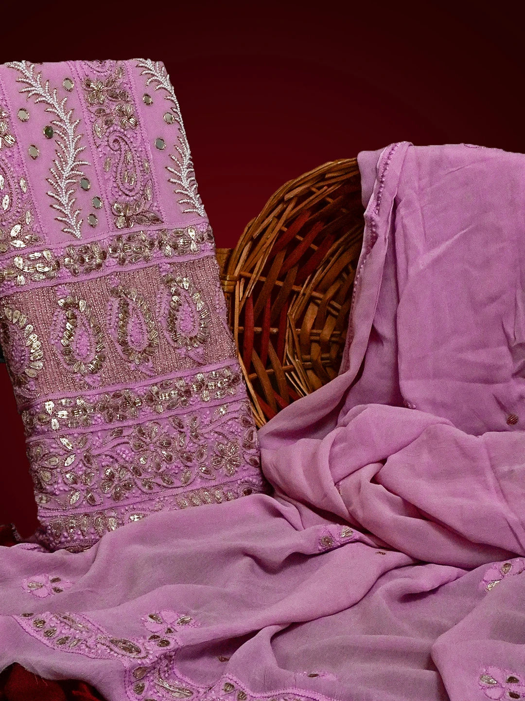 Ada Hand Embroidered Mauve Viscose Georgette Lucknowi Chikankari Unstitched Kurta Dupatta Set With Pearl Work 01A527043