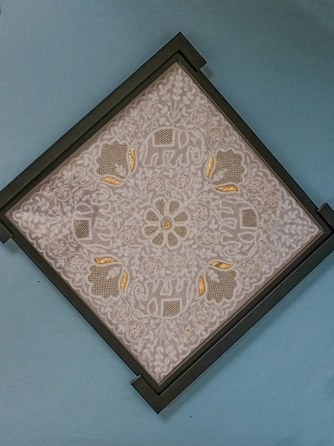 Ada Hand Embroidered White Cotton Lucknowi Chikankari Tray With Muqaish Work 01A495178