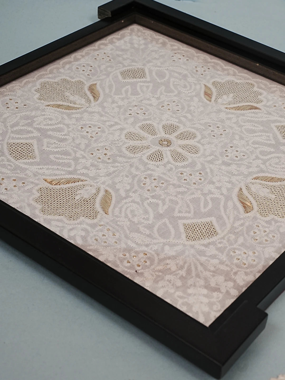 Ada Hand Embroidered White Cotton Lucknowi Chikankari Tray With Muqaish Work 01A495178
