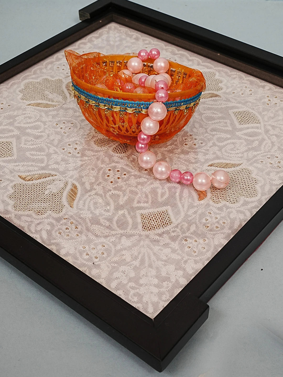 Ada Hand Embroidered White Cotton Lucknowi Chikankari Tray With Muqaish Work 01A495178