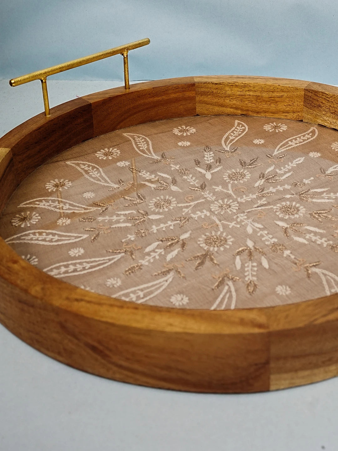Ada Hand Embroidered Fawn Silk Lucknowi Chikankari Tray With Zari Work 01A548666