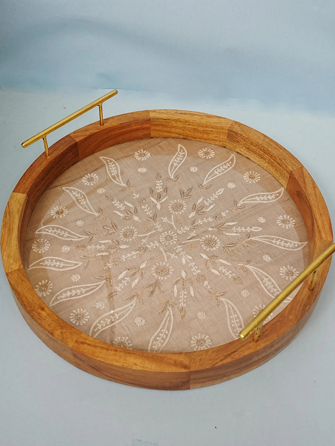 Ada Hand Embroidered Fawn Silk Lucknowi Chikankari Tray With Zari Work 01A548666