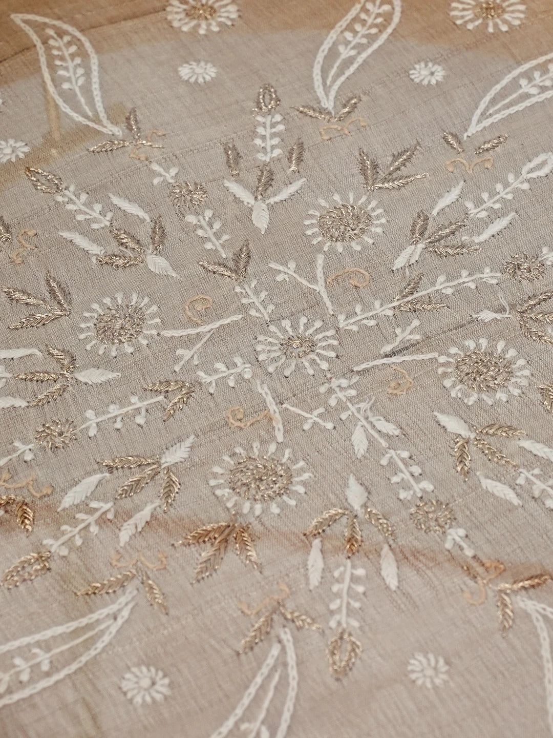 Ada Hand Embroidered Fawn Silk Lucknowi Chikankari Tray With Zari Work 01A548666