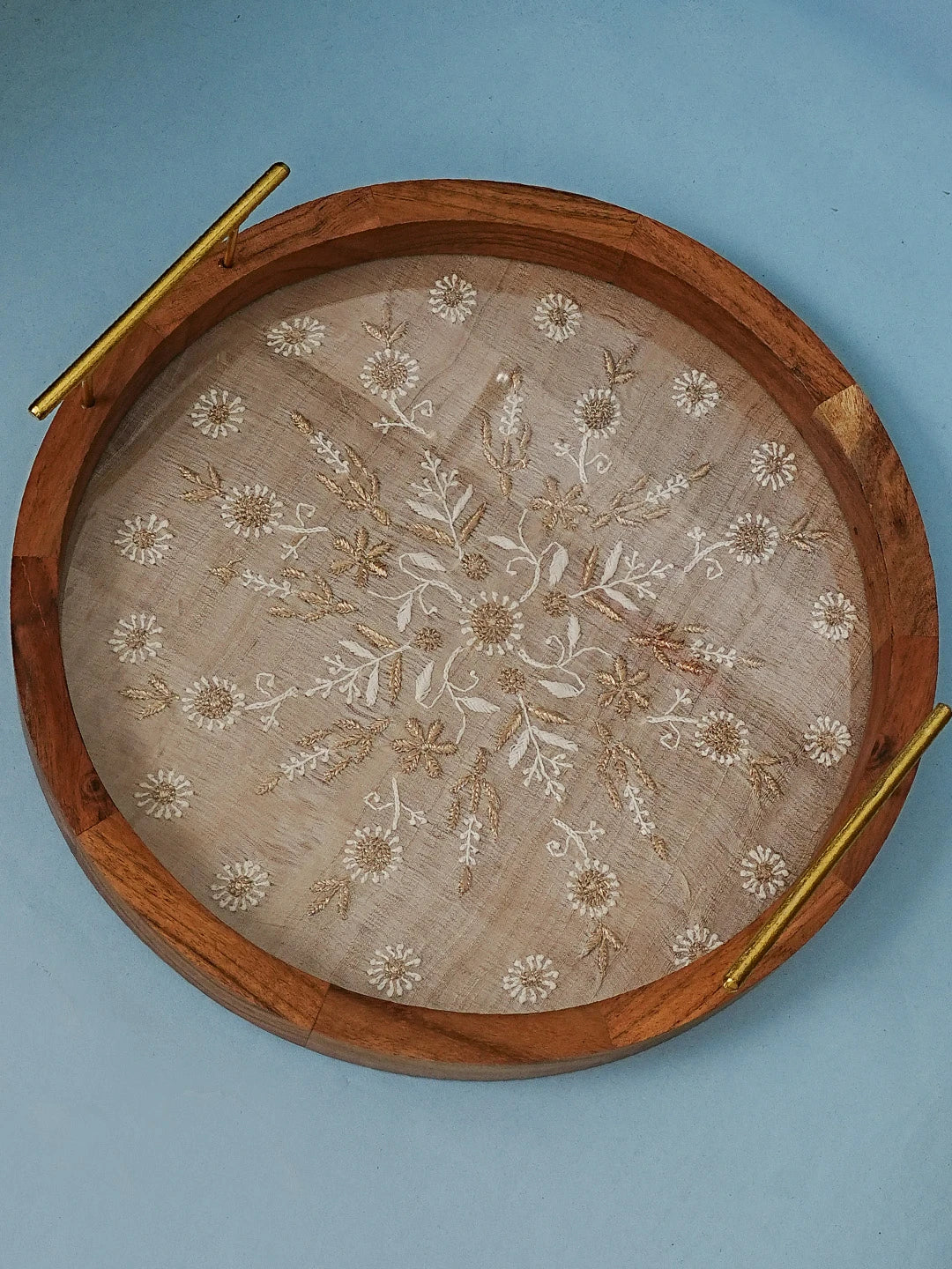 Ada Hand Embroidered Fawn Silk Lucknowi Chikankari Tray With Zari Work 01A548667