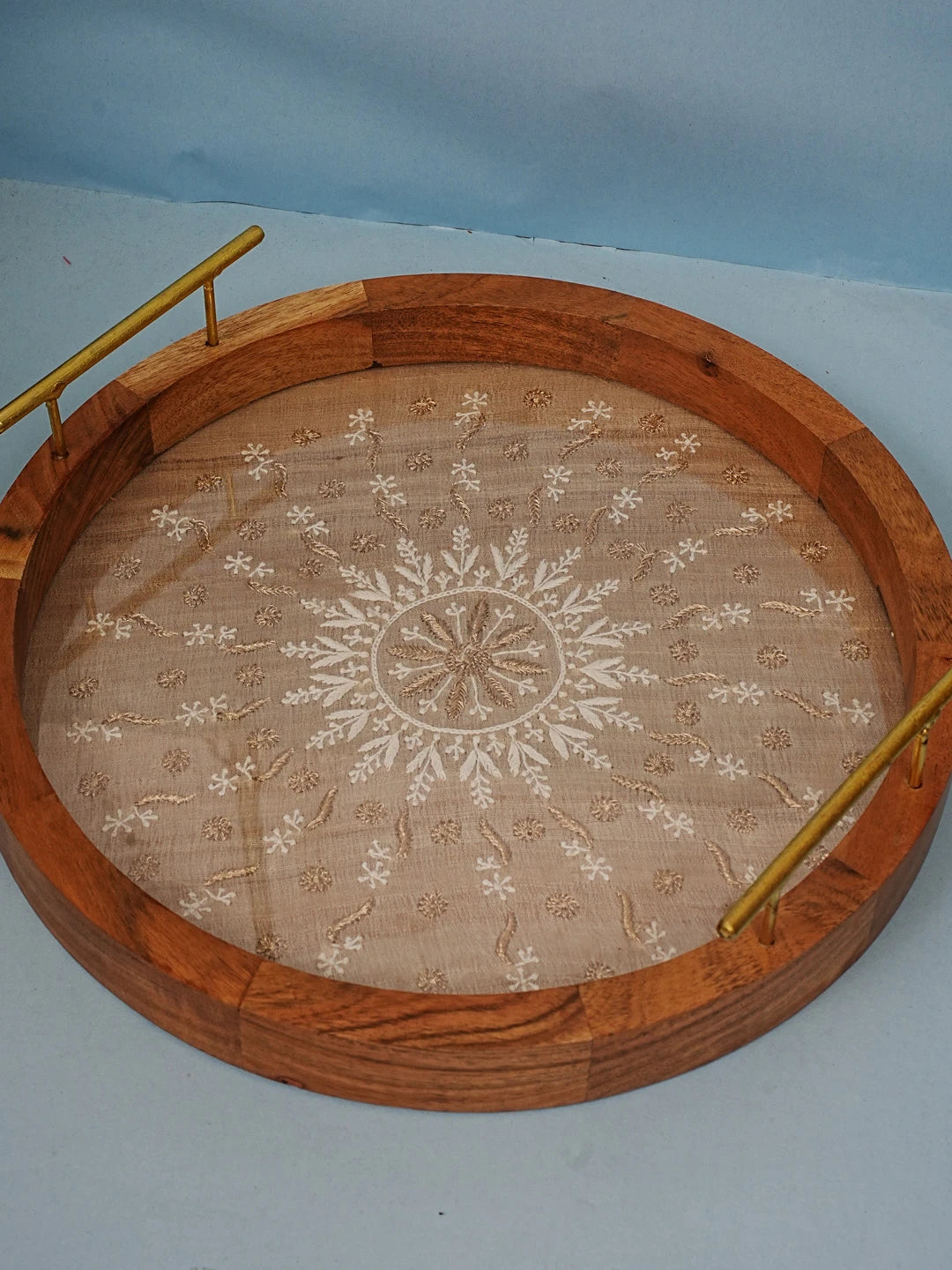 Ada Hand Embroidered Fawn Silk Lucknowi Chikankari Tray With Zari Work 01A548664