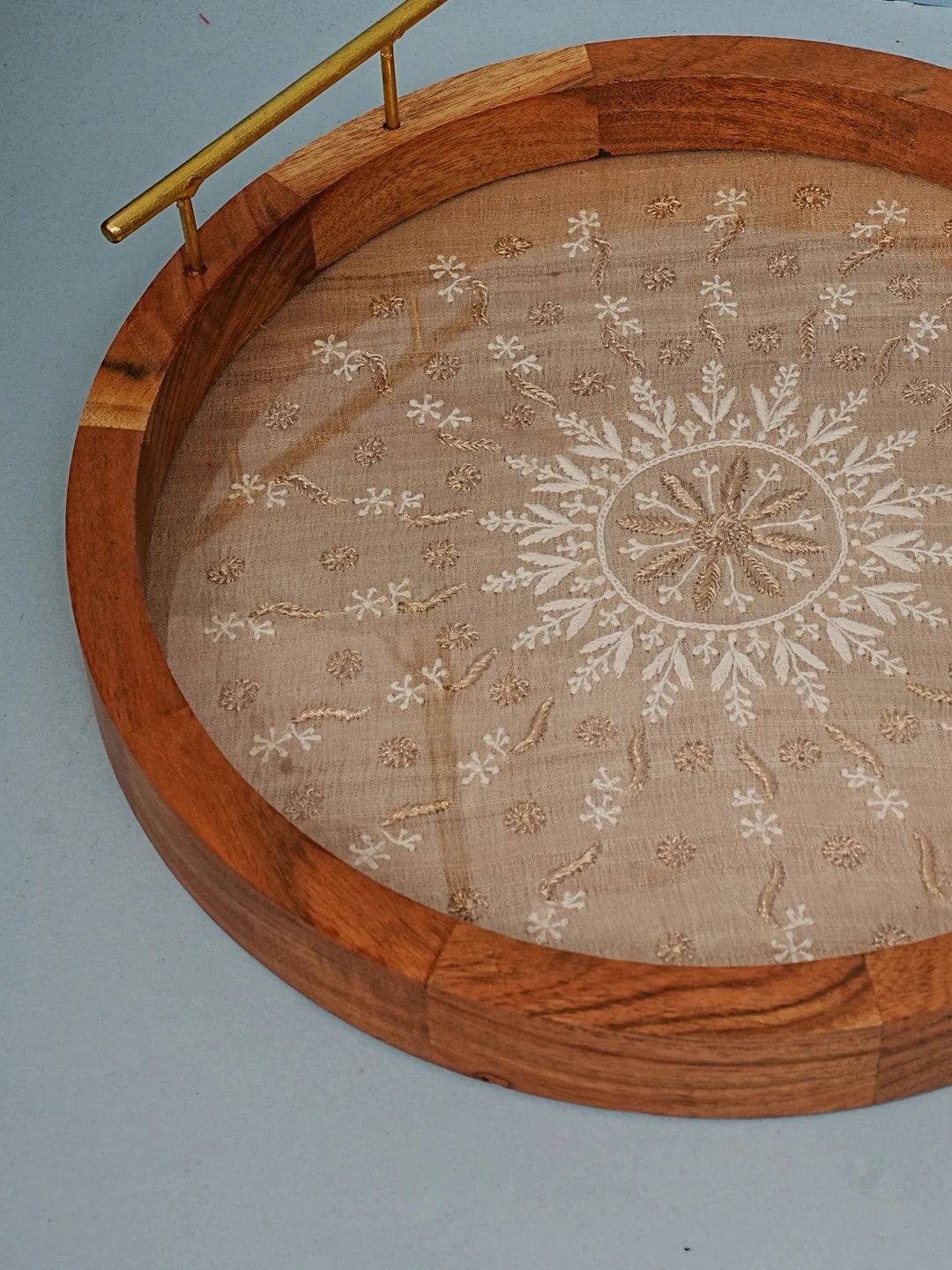 Ada Hand Embroidered Fawn Silk Lucknowi Chikankari Tray With Zari Work 01A548664