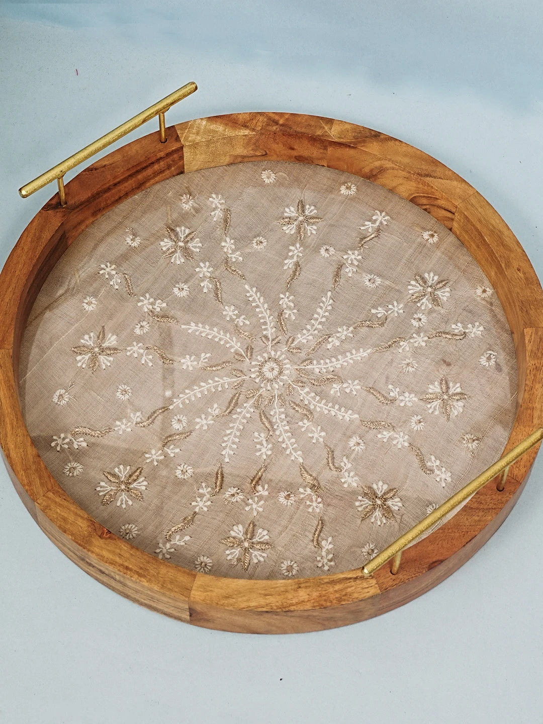 Ada Hand Embroidered Fawn Silk Lucknowi Chikankari Tray With Zari Work 01A548663