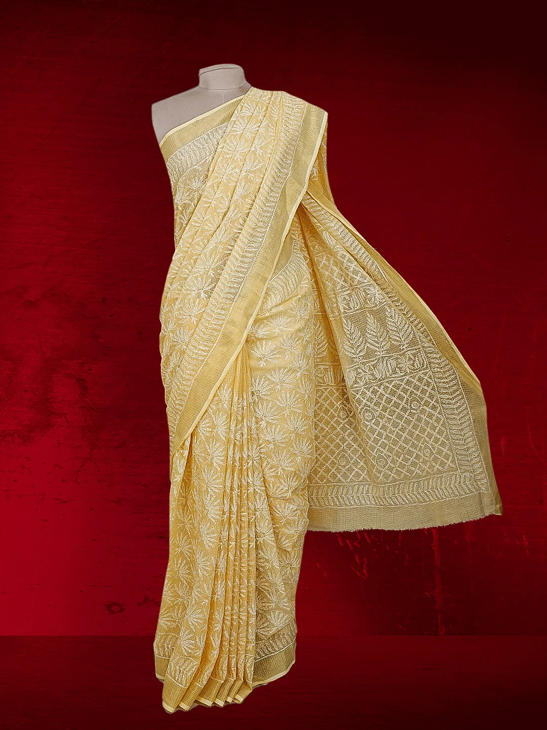 Ada Hand Embroidered Yellow Kota Lucknowi Chikankari Saree and Blouse 01A525493