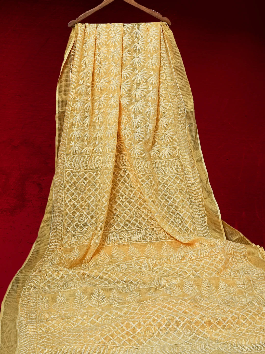 Ada Hand Embroidered Yellow Kota Lucknowi Chikankari Saree and Blouse 01A525493