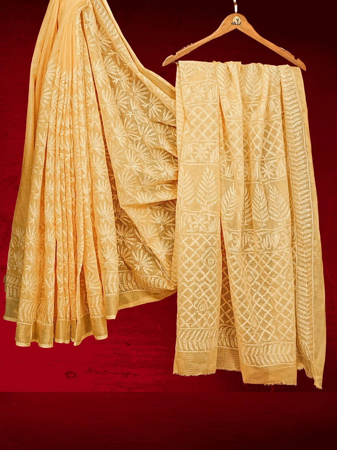 Ada Hand Embroidered Yellow Kota Lucknowi Chikankari Saree and Blouse 01A525493