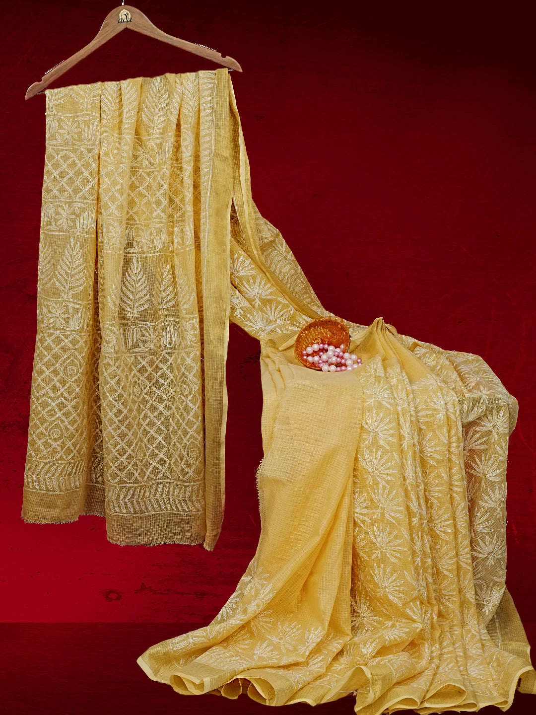 Ada Hand Embroidered Yellow Kota Lucknowi Chikankari Saree and Blouse 01A525493