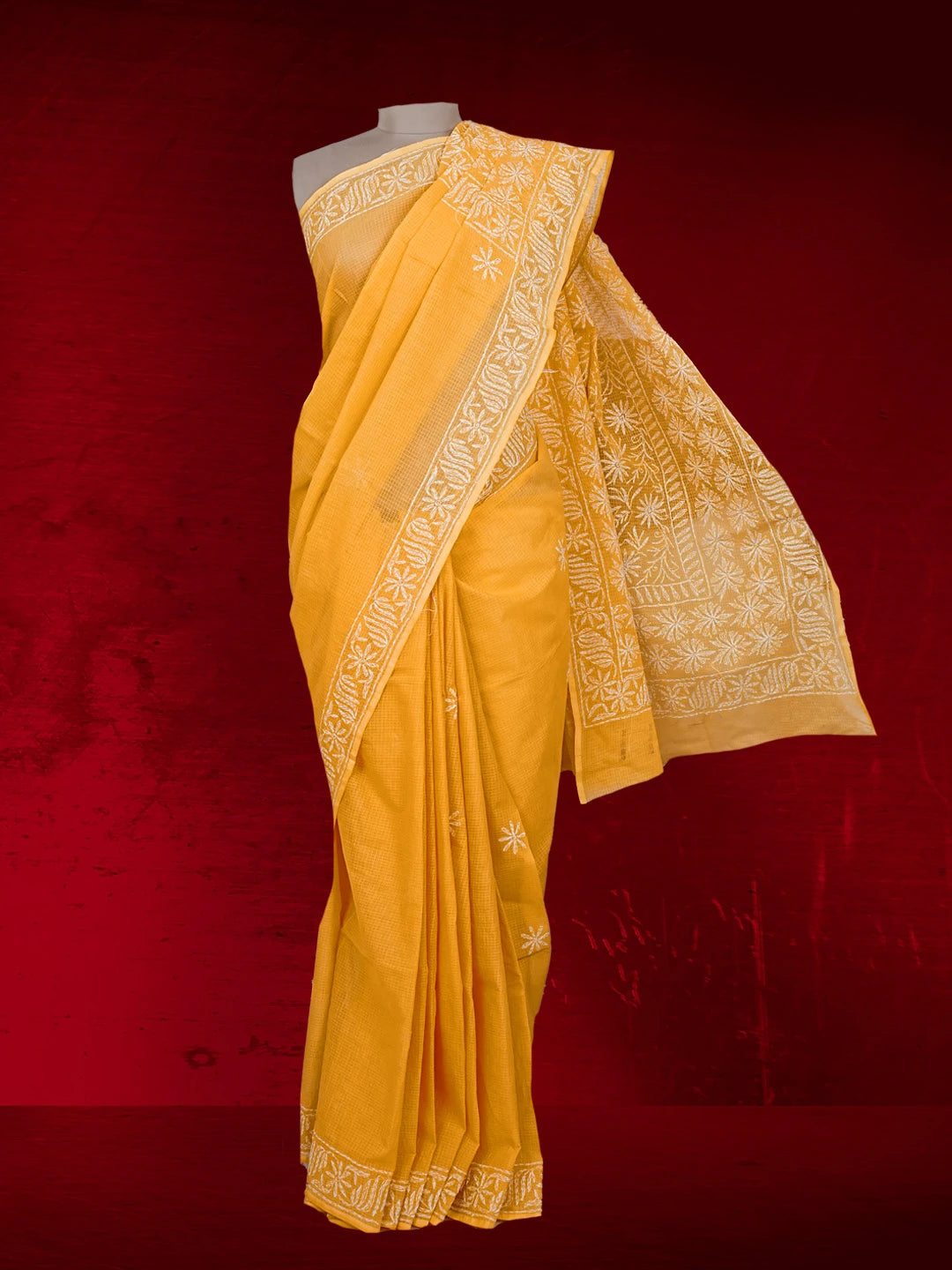 Ada Hand Embroidered Amber Yellow Kota Lucknowi Chikankari Saree and Blouse 01A525433