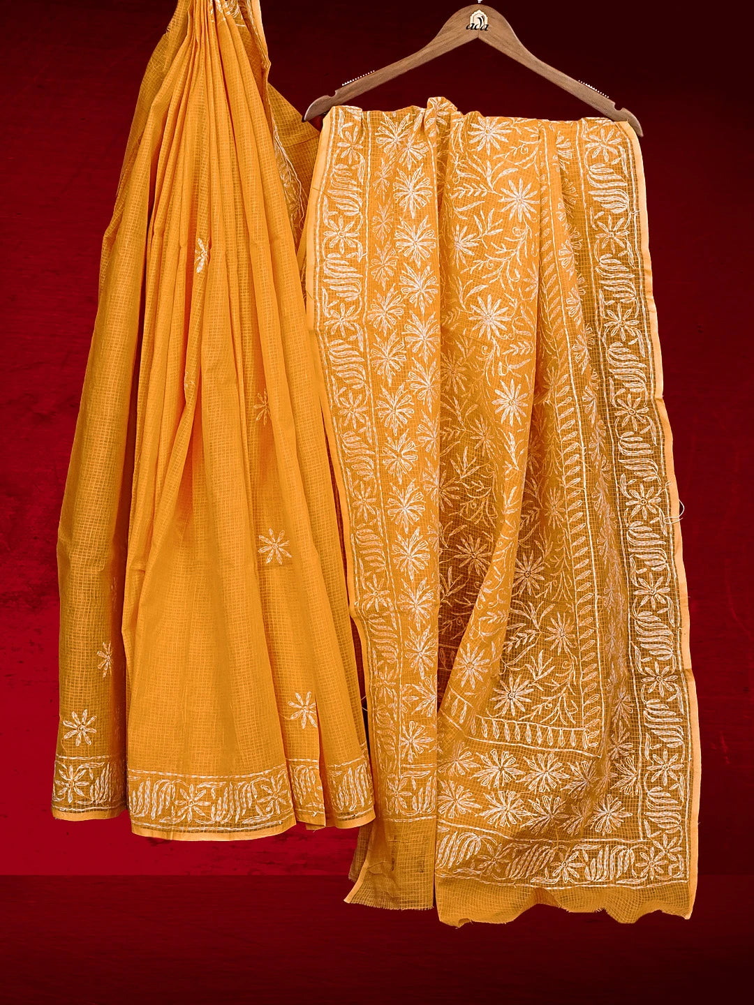 Ada Hand Embroidered Amber Yellow Kota Lucknowi Chikankari Saree and Blouse 01A525433