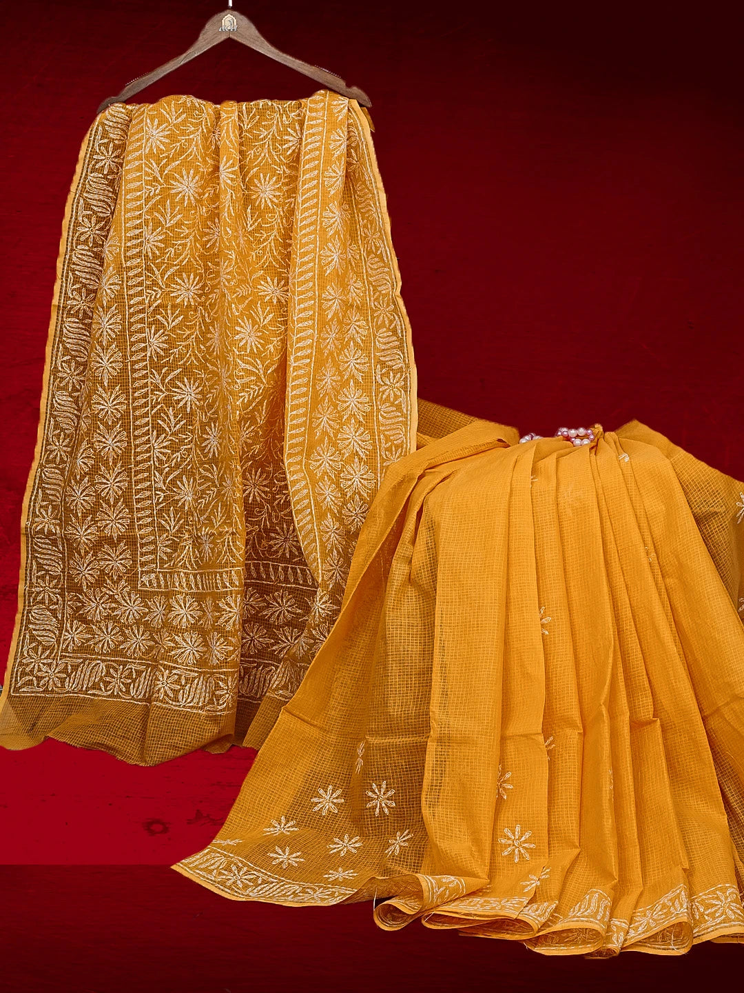 Ada Hand Embroidered Amber Yellow Kota Lucknowi Chikankari Saree and Blouse 01A525433