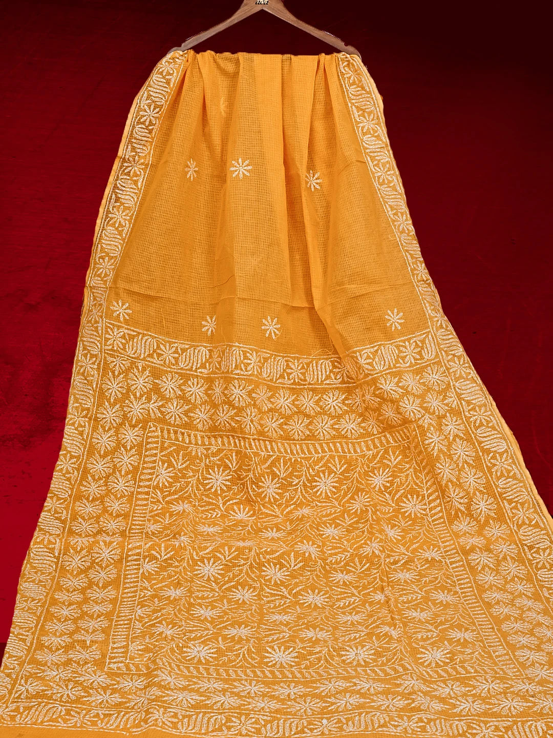 Ada Hand Embroidered Amber Yellow Kota Lucknowi Chikankari Saree and Blouse 01A525433