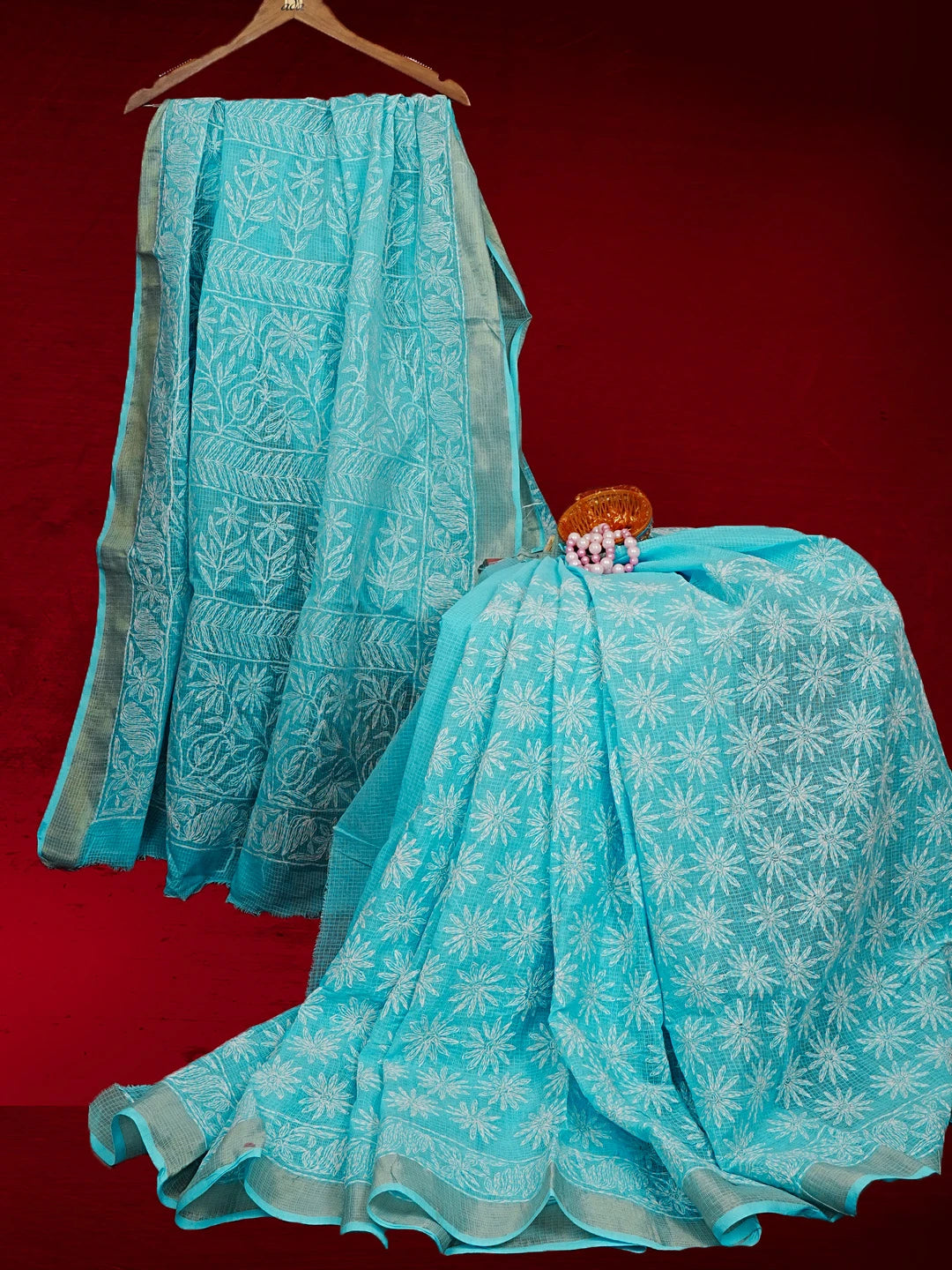Ada Hand Embroidered Sky Blue Kota Lucknowi Chikankari Saree and Blouse 01A525515
