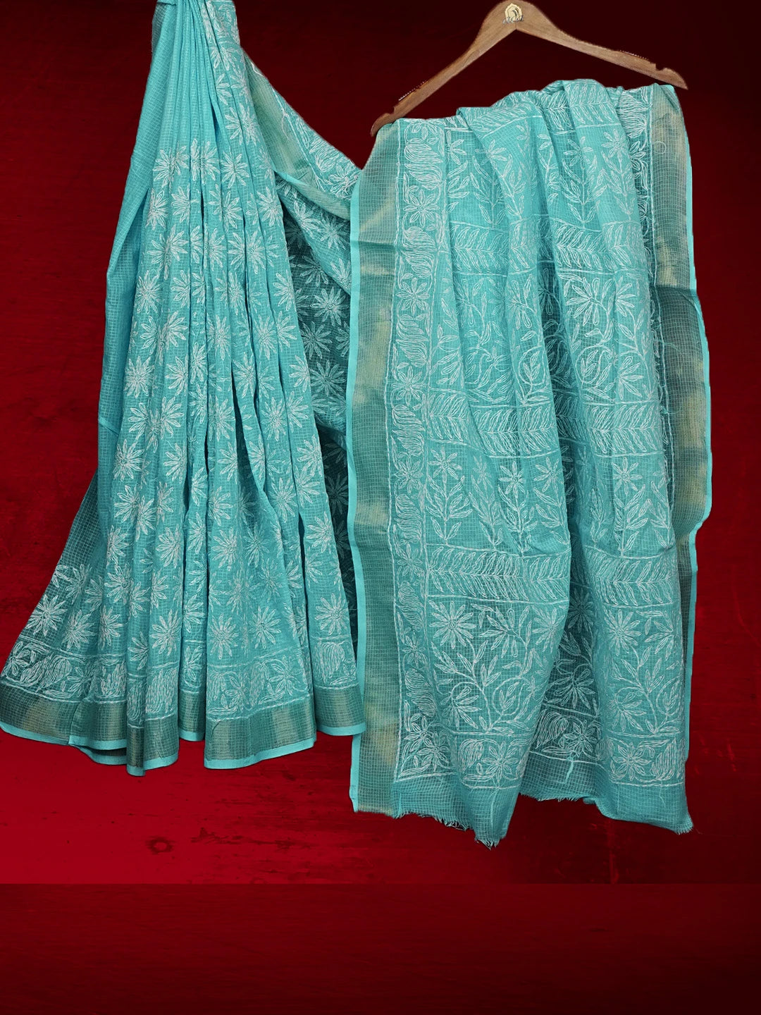 Ada Hand Embroidered Sky Blue Kota Lucknowi Chikankari Saree and Blouse 01A525515