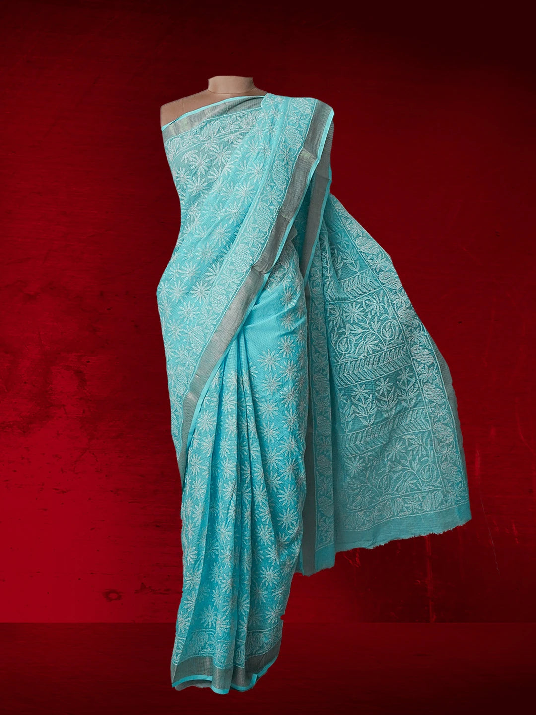 Ada Hand Embroidered Sky Blue Kota Lucknowi Chikankari Saree and Blouse 01A525515