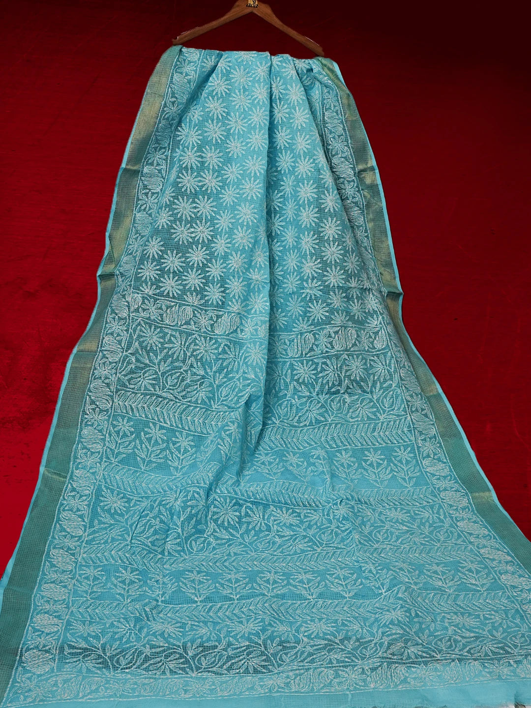 Ada Hand Embroidered Sky Blue Kota Lucknowi Chikankari Saree and Blouse 01A525515