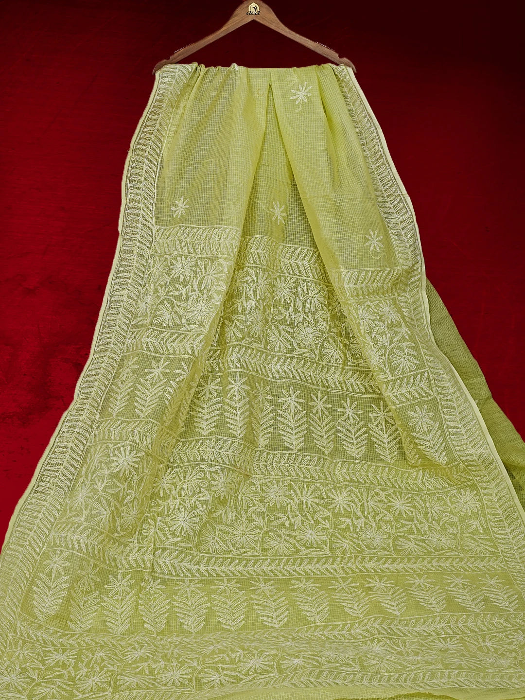 Ada Hand Embroidered Lime Green Kota Lucknowi Chikankari Saree and Blouse 01A525440
