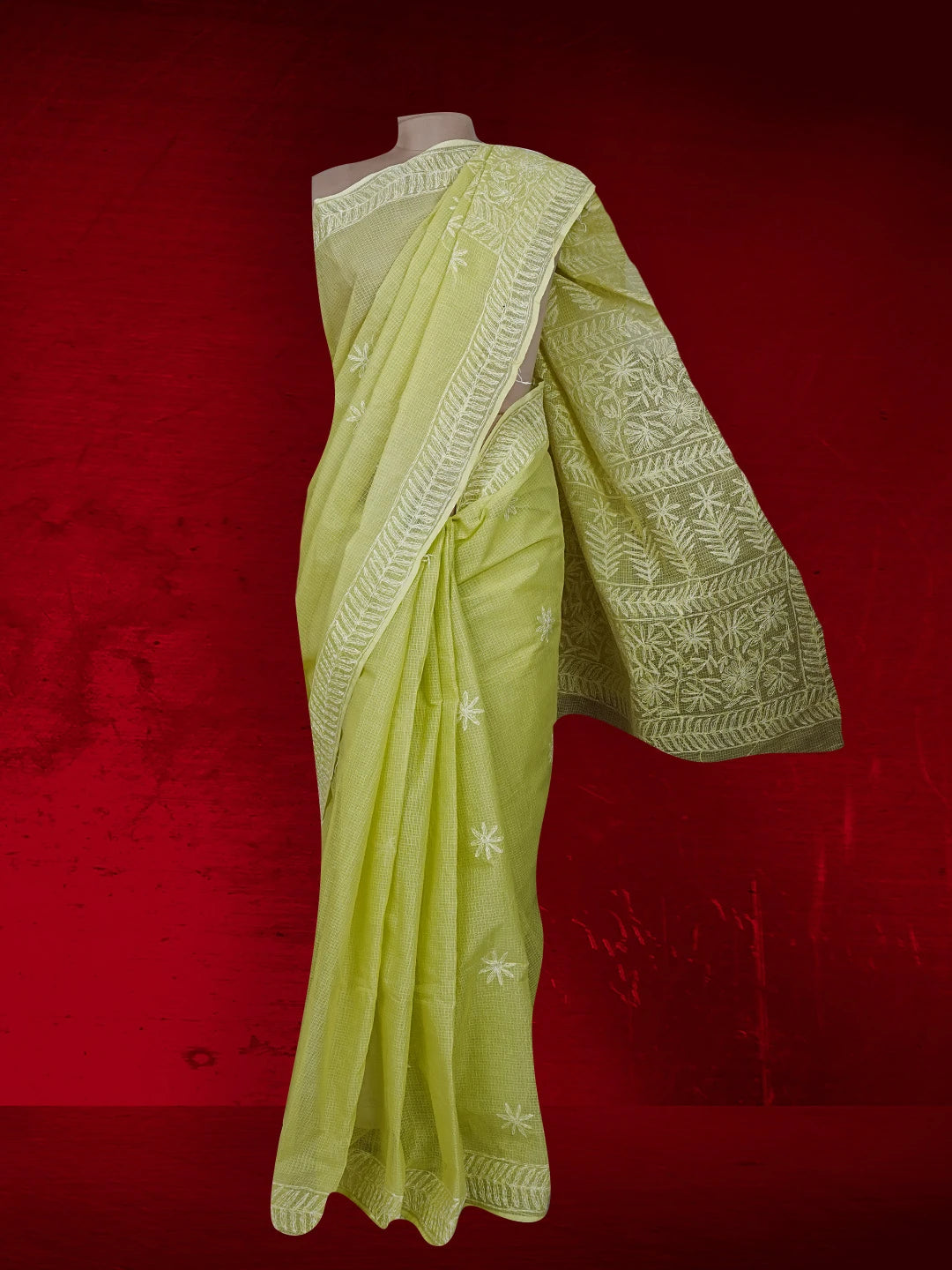 Ada Hand Embroidered Lime Green Kota Lucknowi Chikankari Saree and Blouse 01A525440