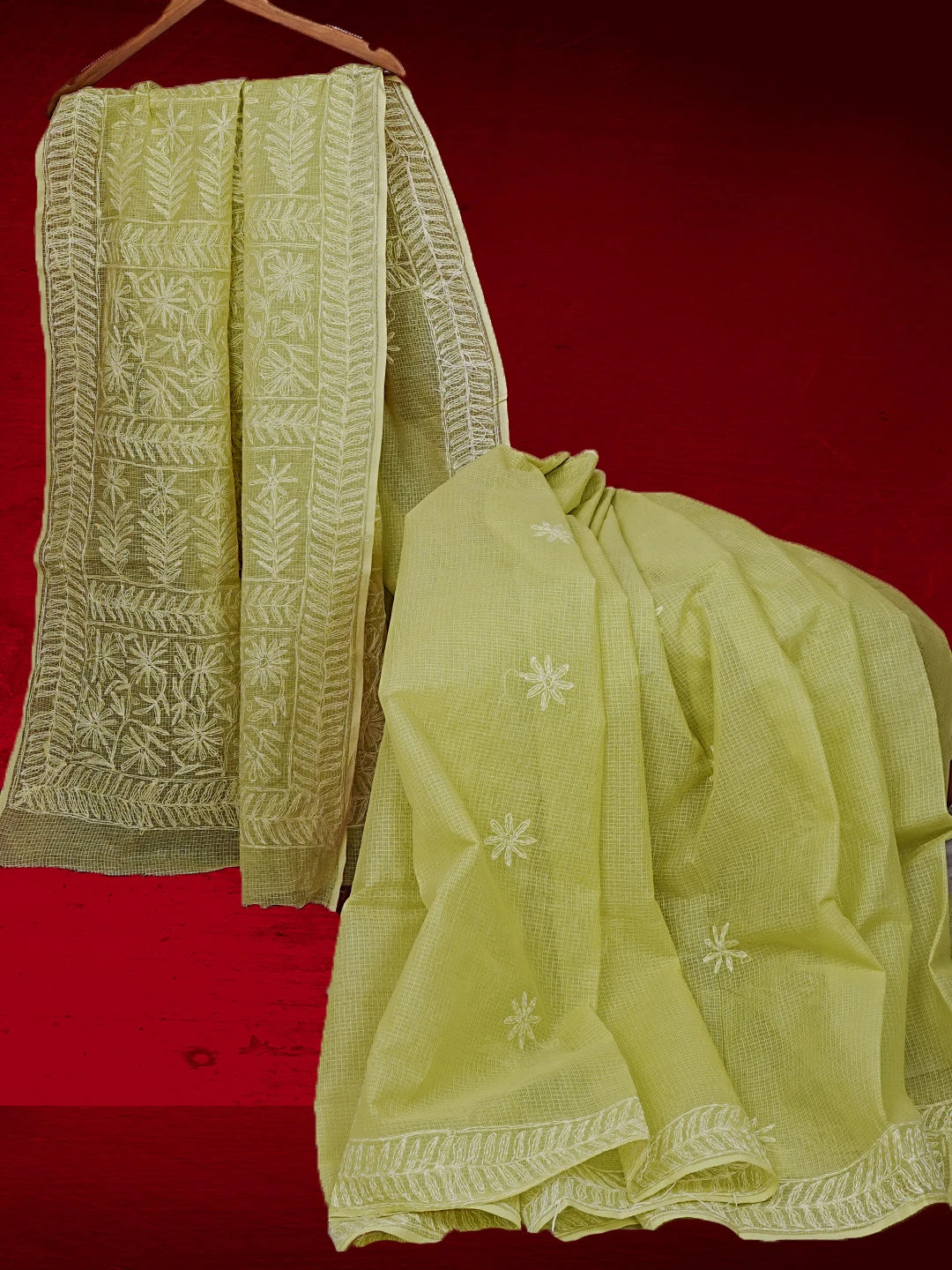Ada Hand Embroidered Lime Green Kota Lucknowi Chikankari Saree and Blouse 01A525440