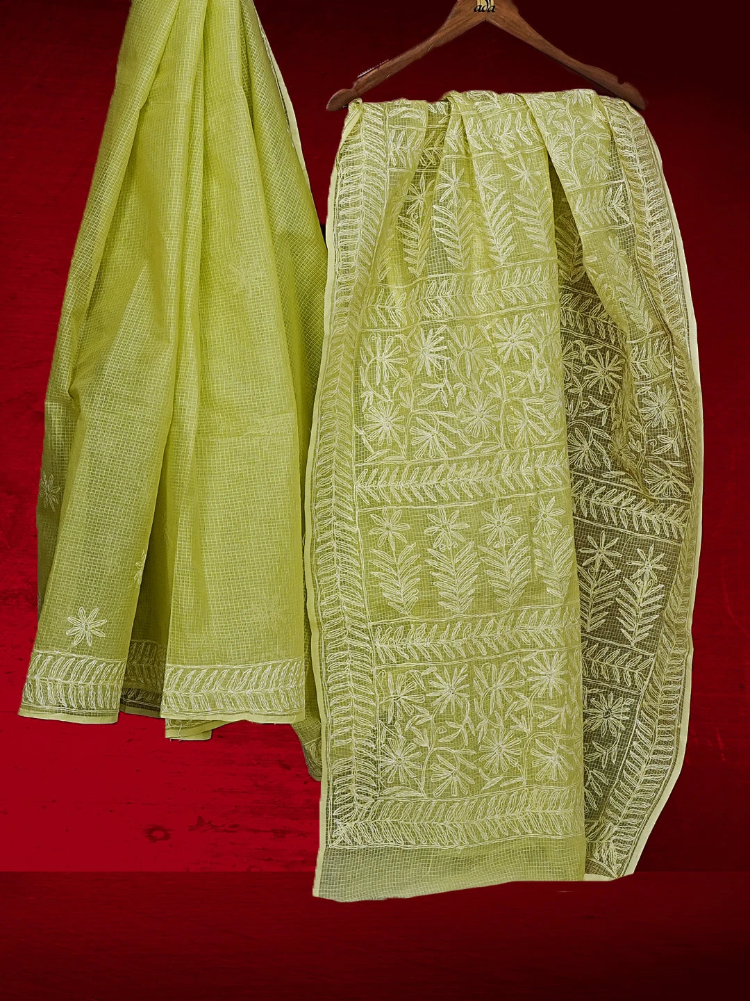 Ada Hand Embroidered Lime Green Kota Lucknowi Chikankari Saree and Blouse 01A525440